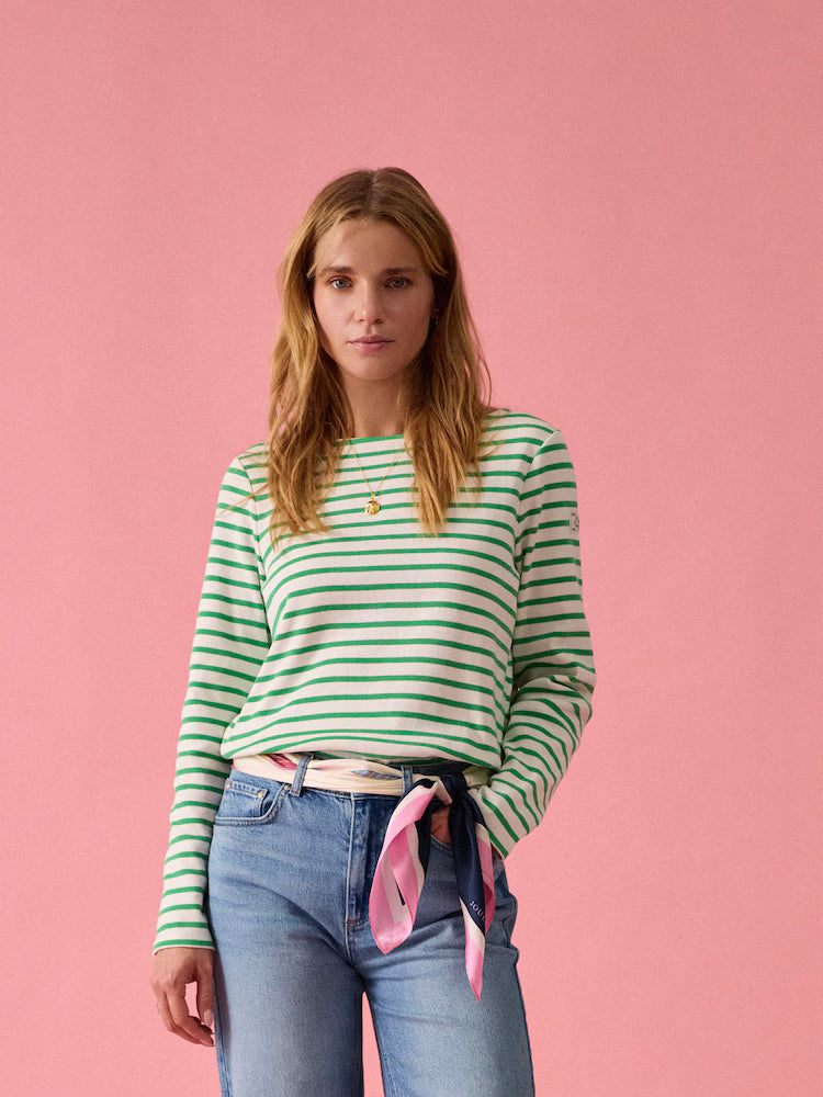 Joules Harbour Cream/Green Boat Neck 100% Cotton Long Sleeve Breton Top