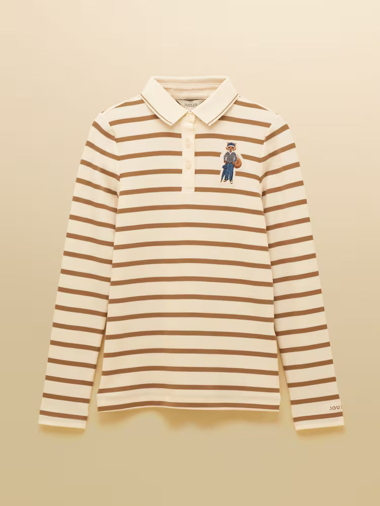 Joules Fairfield Jonty Ribbed Long Sleeve Striped Polo Top Tan Stripe