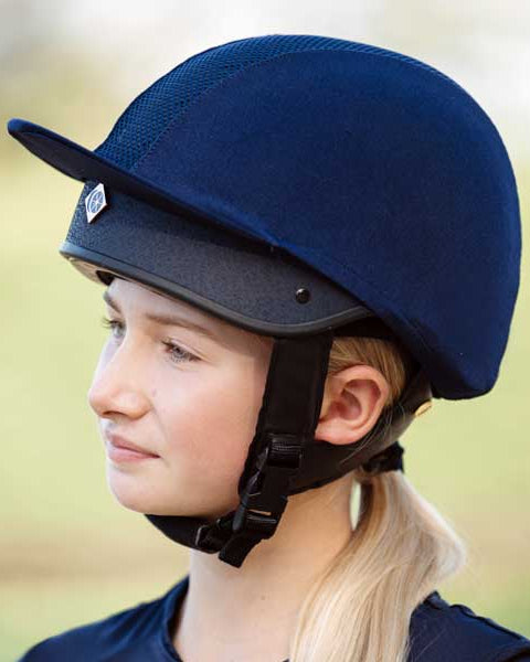 Charles Owen Harlow MS1 Pro Equestrian Helmet - Navy Jockey Skull with Rose Gold Details. Safety and Style for Horse Riding.