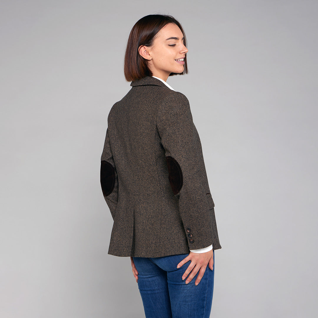 TOGGI Harvard brown herringbone tweed blazer jacket with suede elbow patches for women