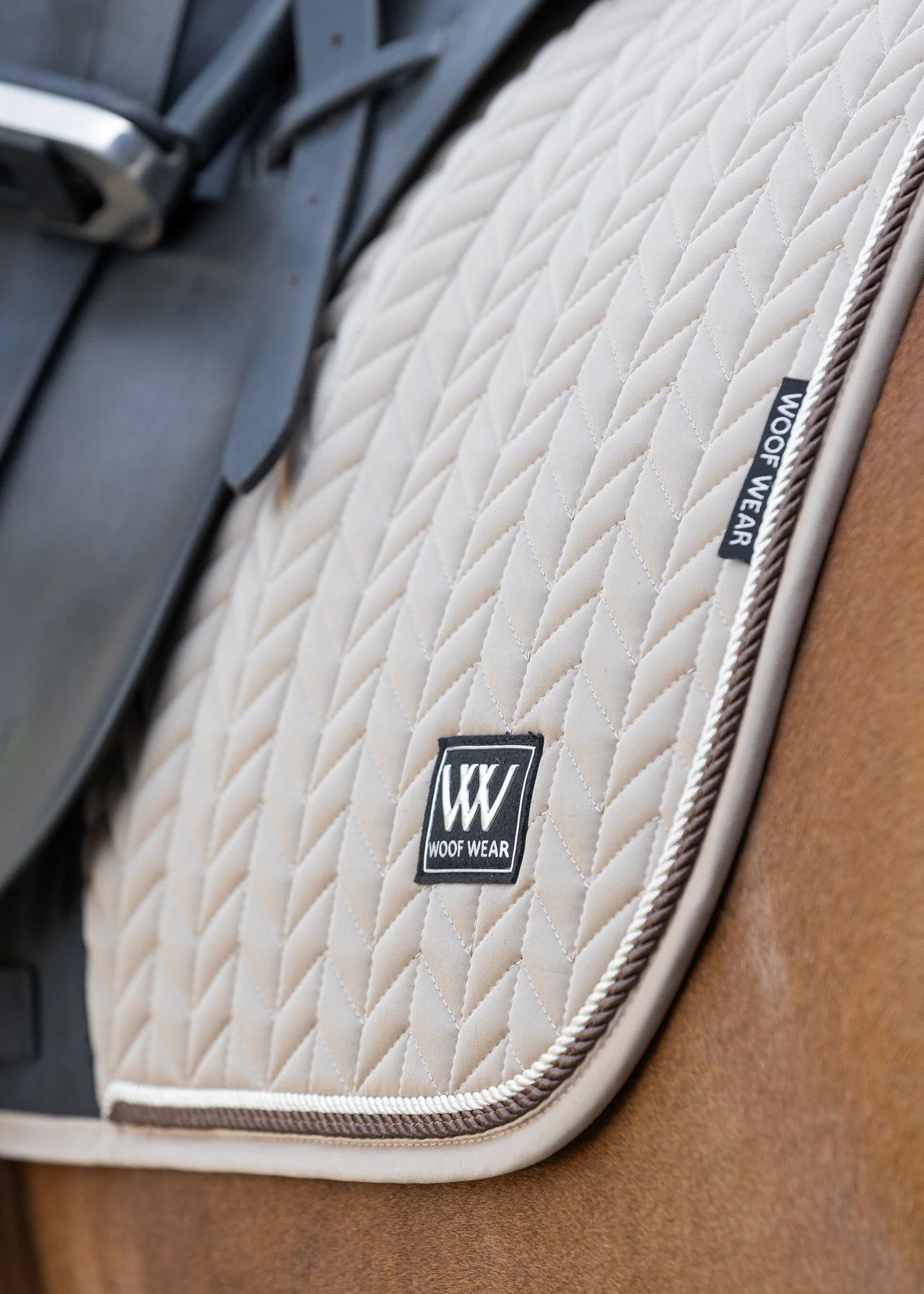 WOOF WEAR Herringbone Dressage Saddle Pad in Caramel - Close-up of Quilted Horse Riding Pad
