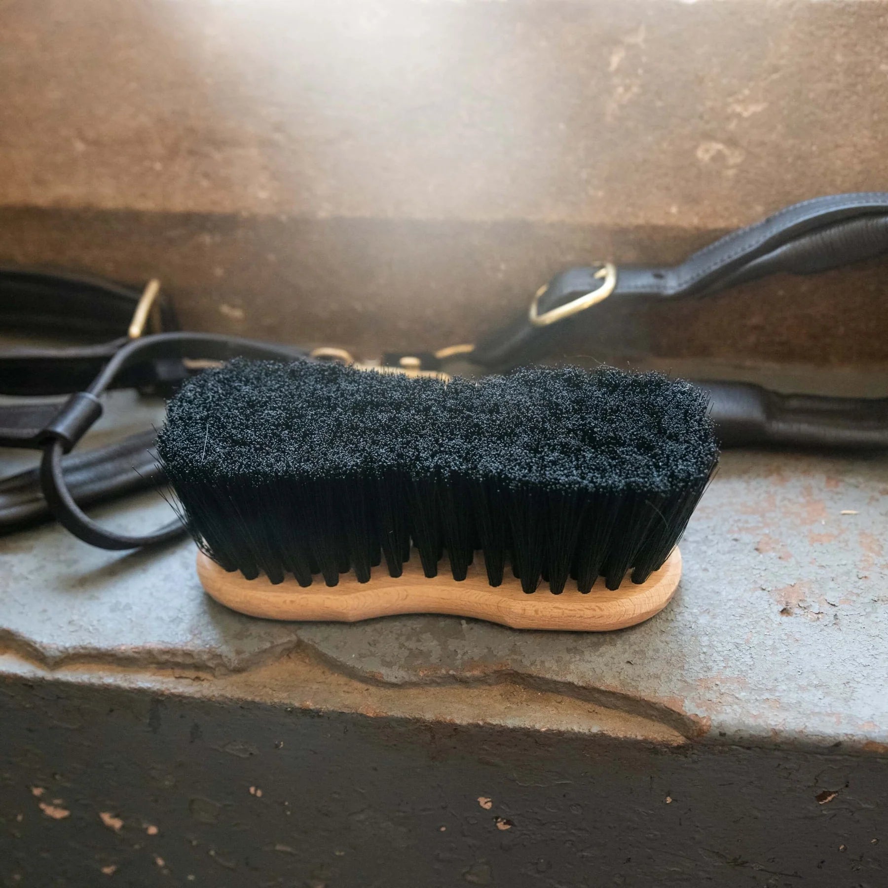 Borstiq Shaped Soft Flick Horse Grooming Brush - Black Bristles, Wooden Handle, Equiflair