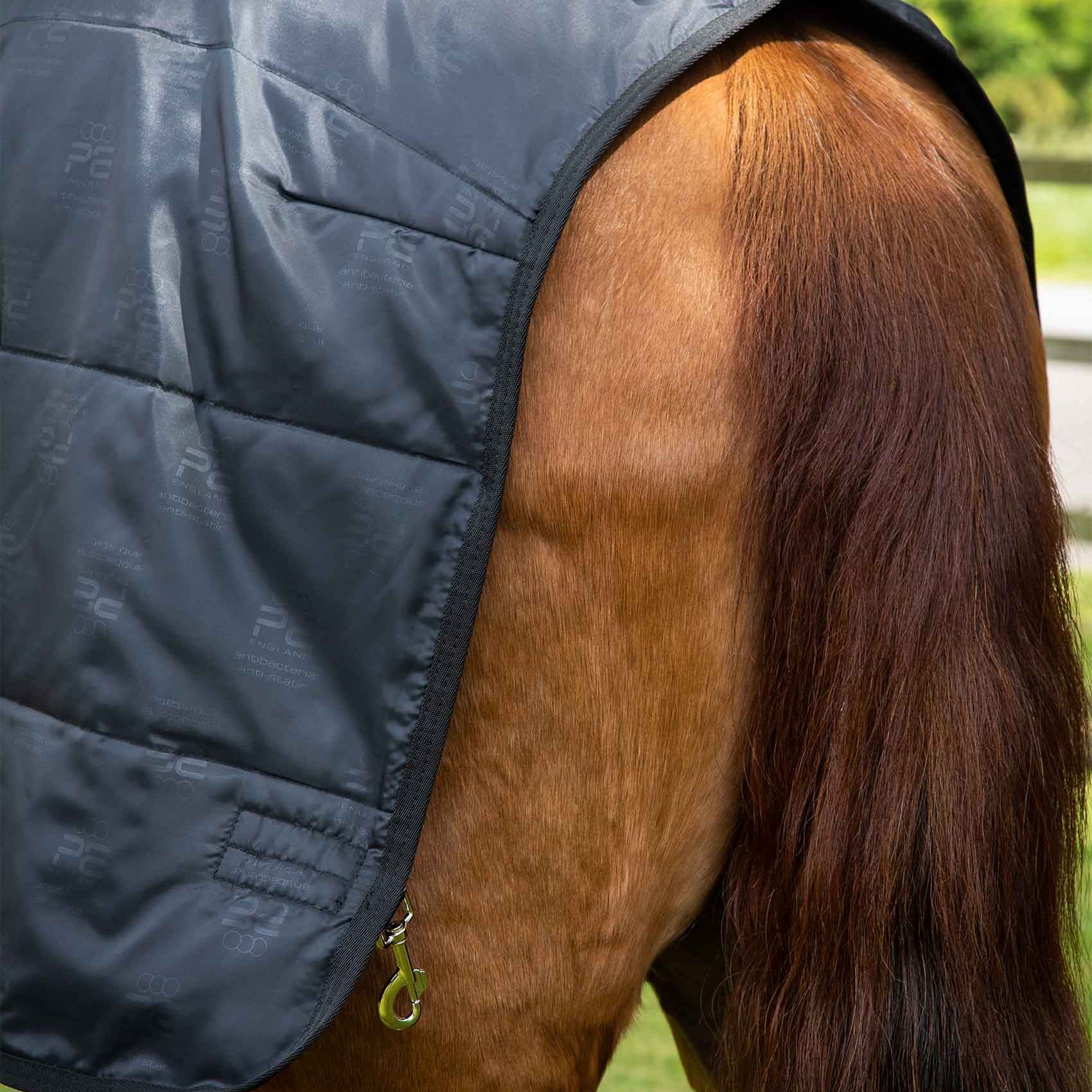 Premier Equine 350g Black Horse Rug Liner: Close-up view. Breathable, antibacterial & anti-static. Horse blanket attachment detail.