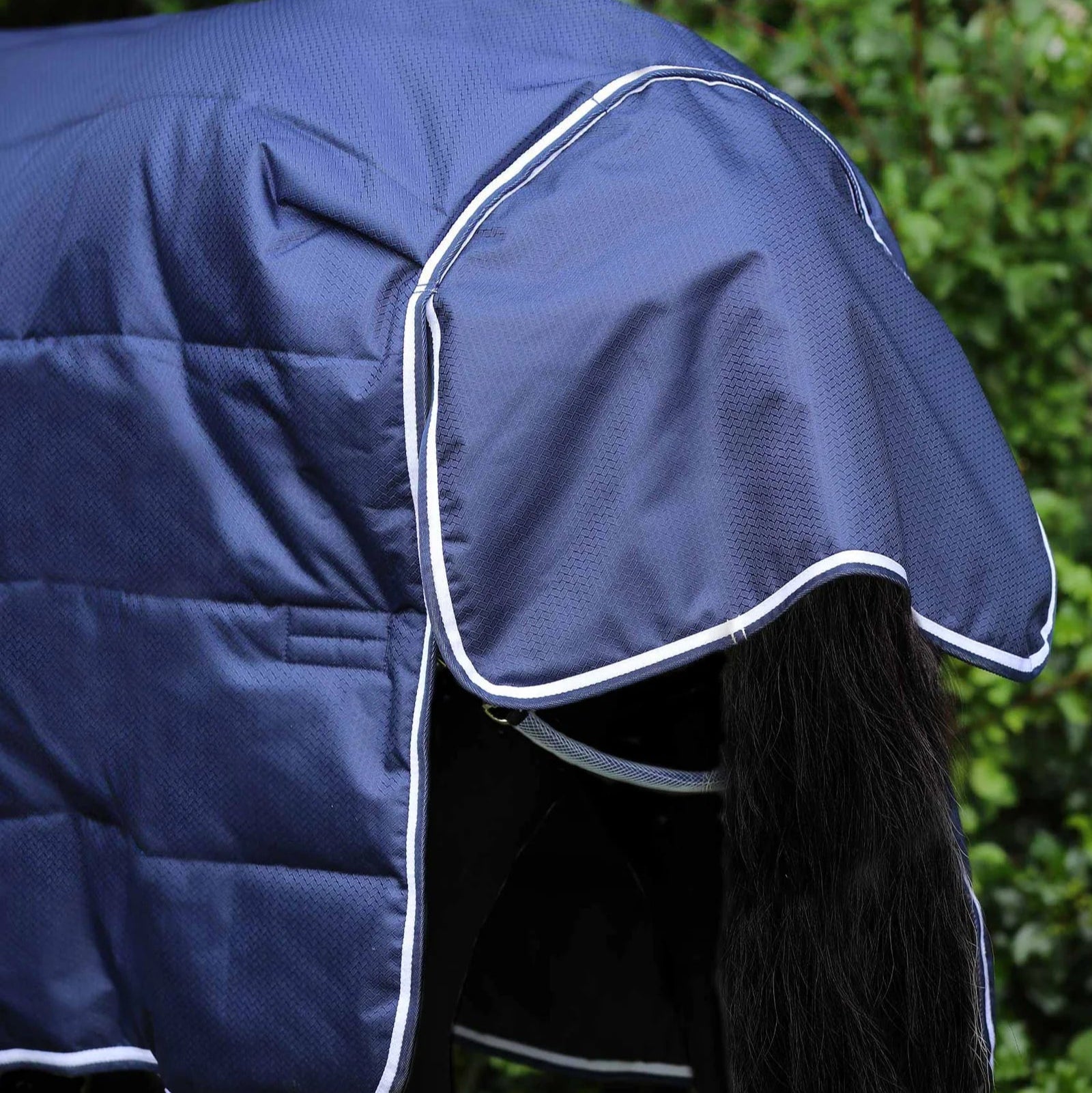 Premier Equine Hydra navy stable rug with tail flap