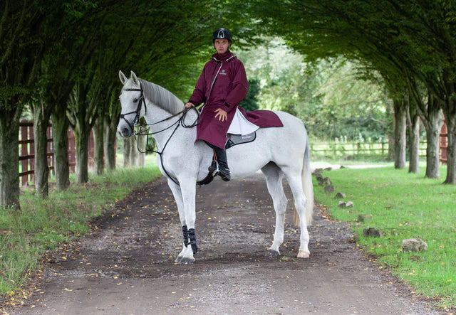 Equestrian rider on a white horse wearing EQUIDRY coat reflective Plum - waterproof riding gear.