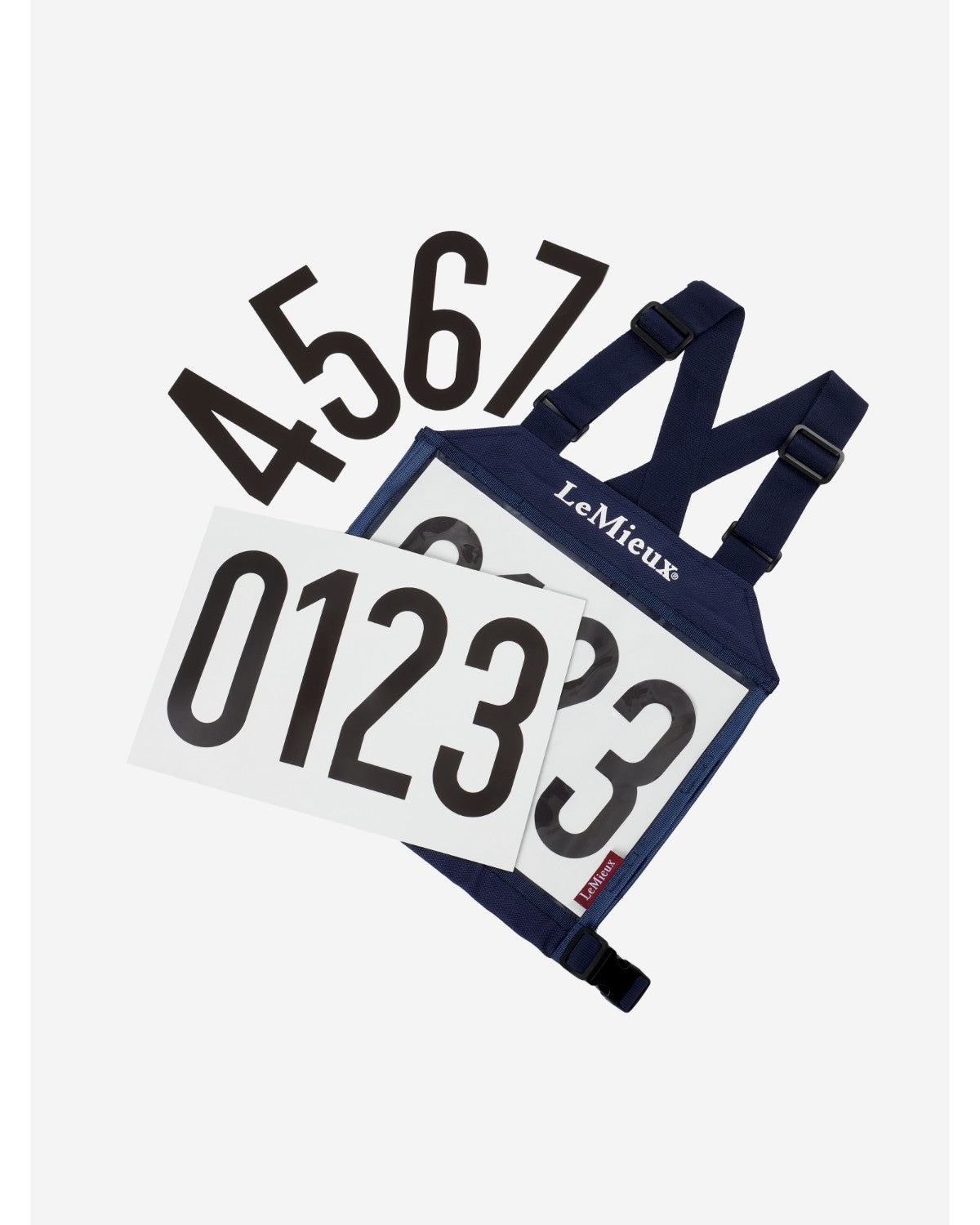 LeMieux Eventing Bib in Navy: Stylish competition number holder with adjustable straps and clear pockets.