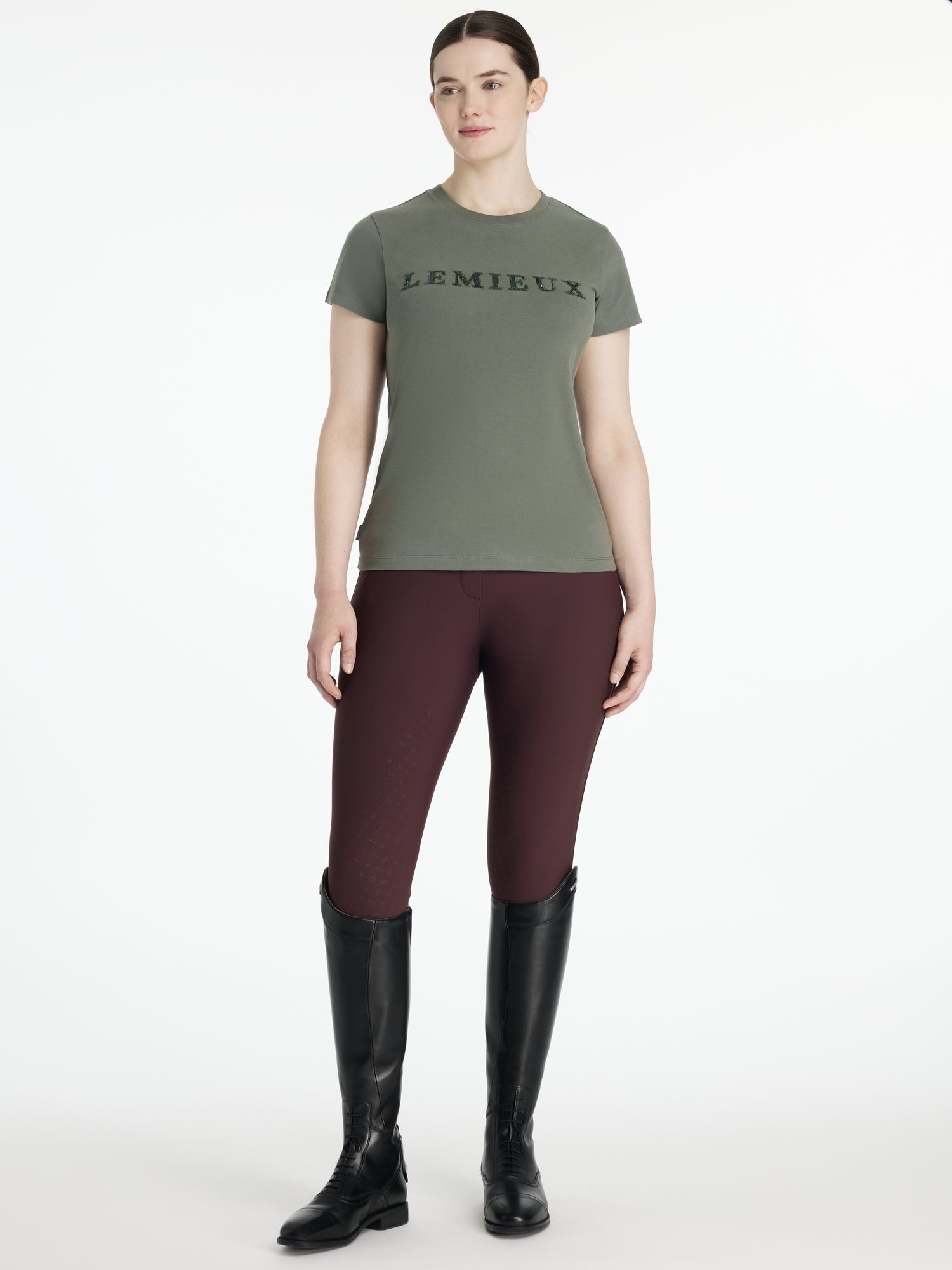 Lemieux Classique Rosemary T-Shirt, Burgundy Breeches, Riding Boots. Equestrian Apparel by Equiflair