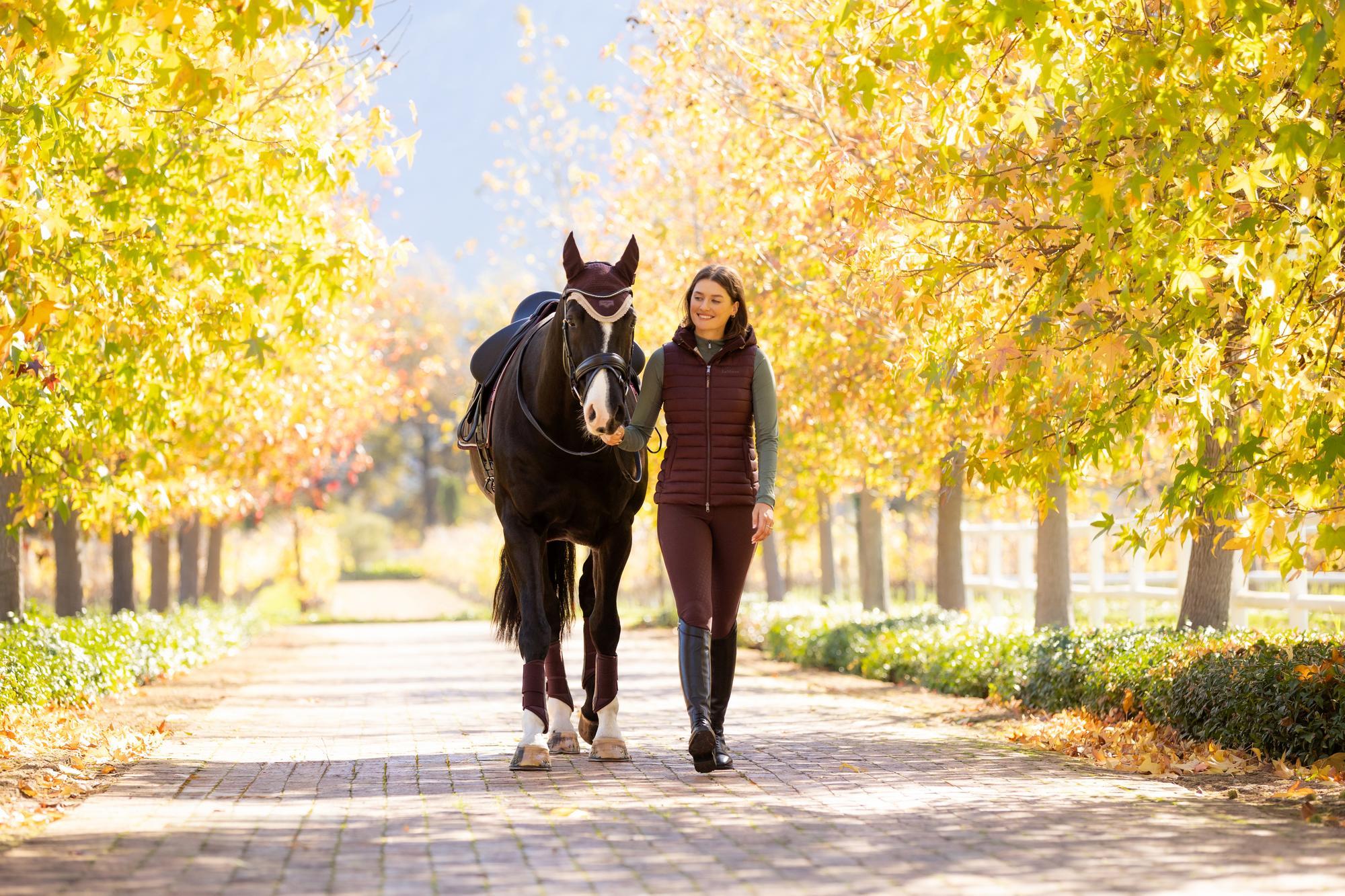 LeMieux Rose Hooded Puffer Gilet Damson: Woman with Horse in Equestrian Style