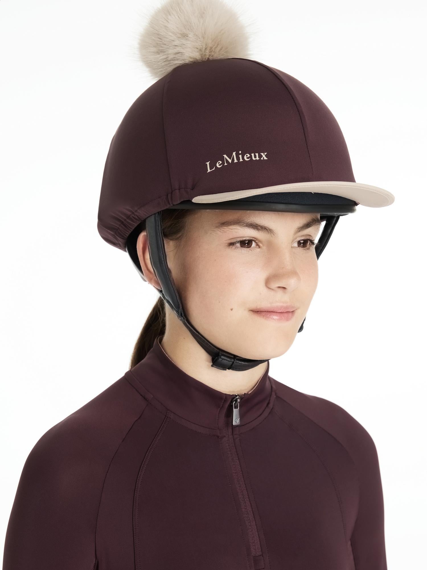 LeMieux Classique Pom Hat Silk Damson: Equestrian Helmet Cover with Faux Fur Pom Pom