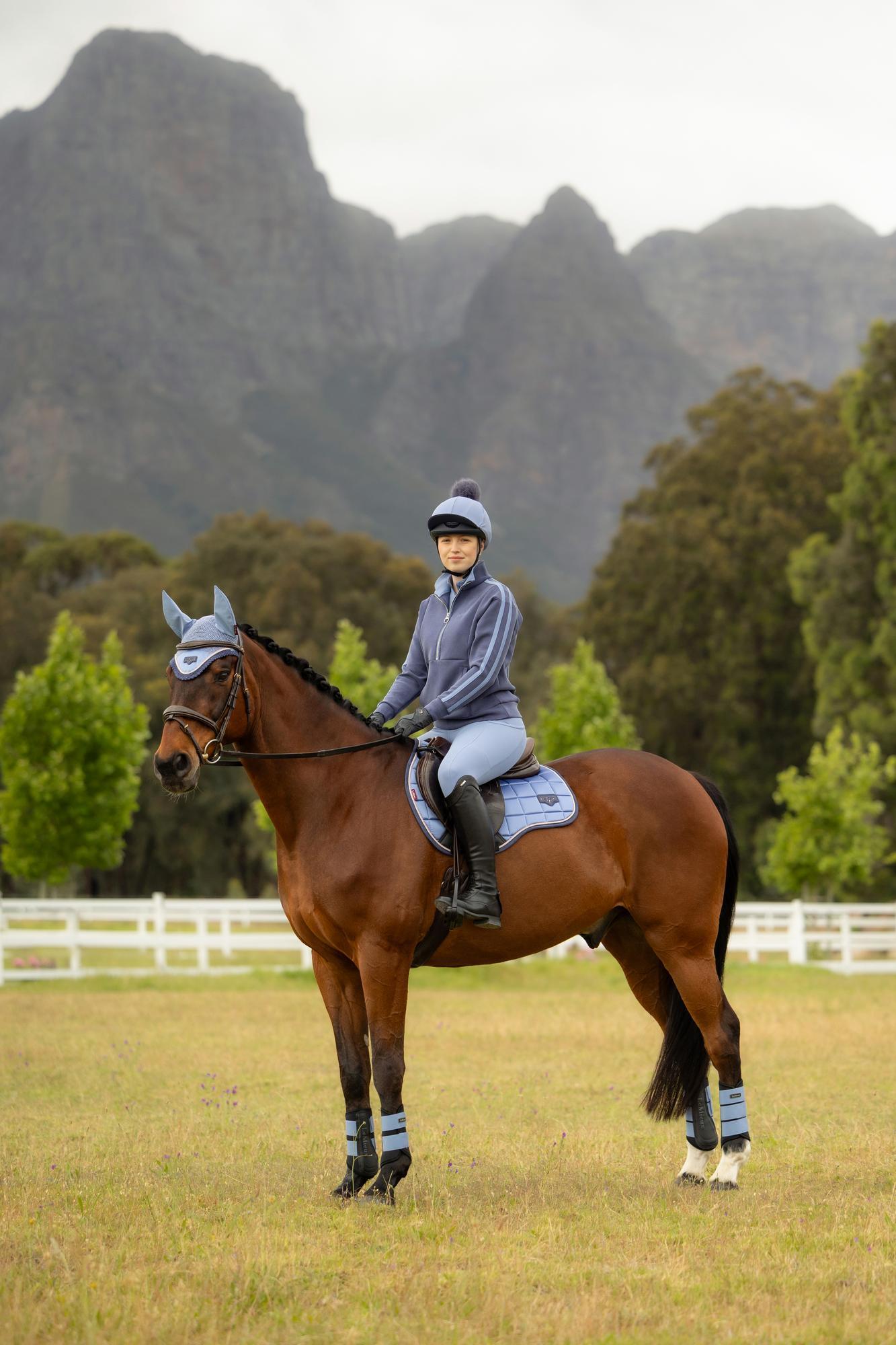 LeMieux Loire Classic GP Square Powder Blue Saddle Pad on Horse, Equestrian Gear by Equiflair