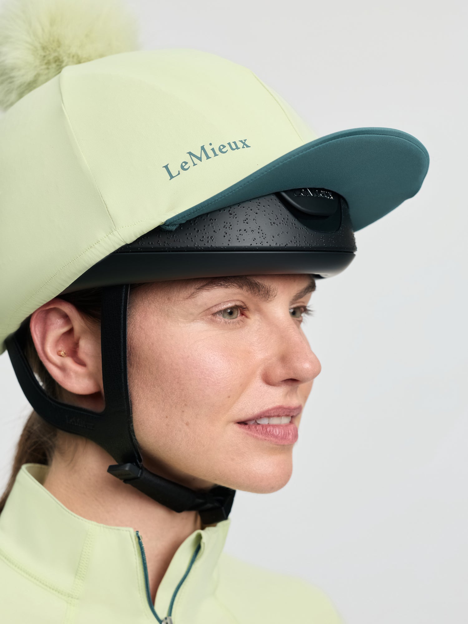LeMieux Classique Macaron Pom Hat Silk: Equestrian Helmet Cover with Detachable Faux Fur Pom Pom and Contrast Peak