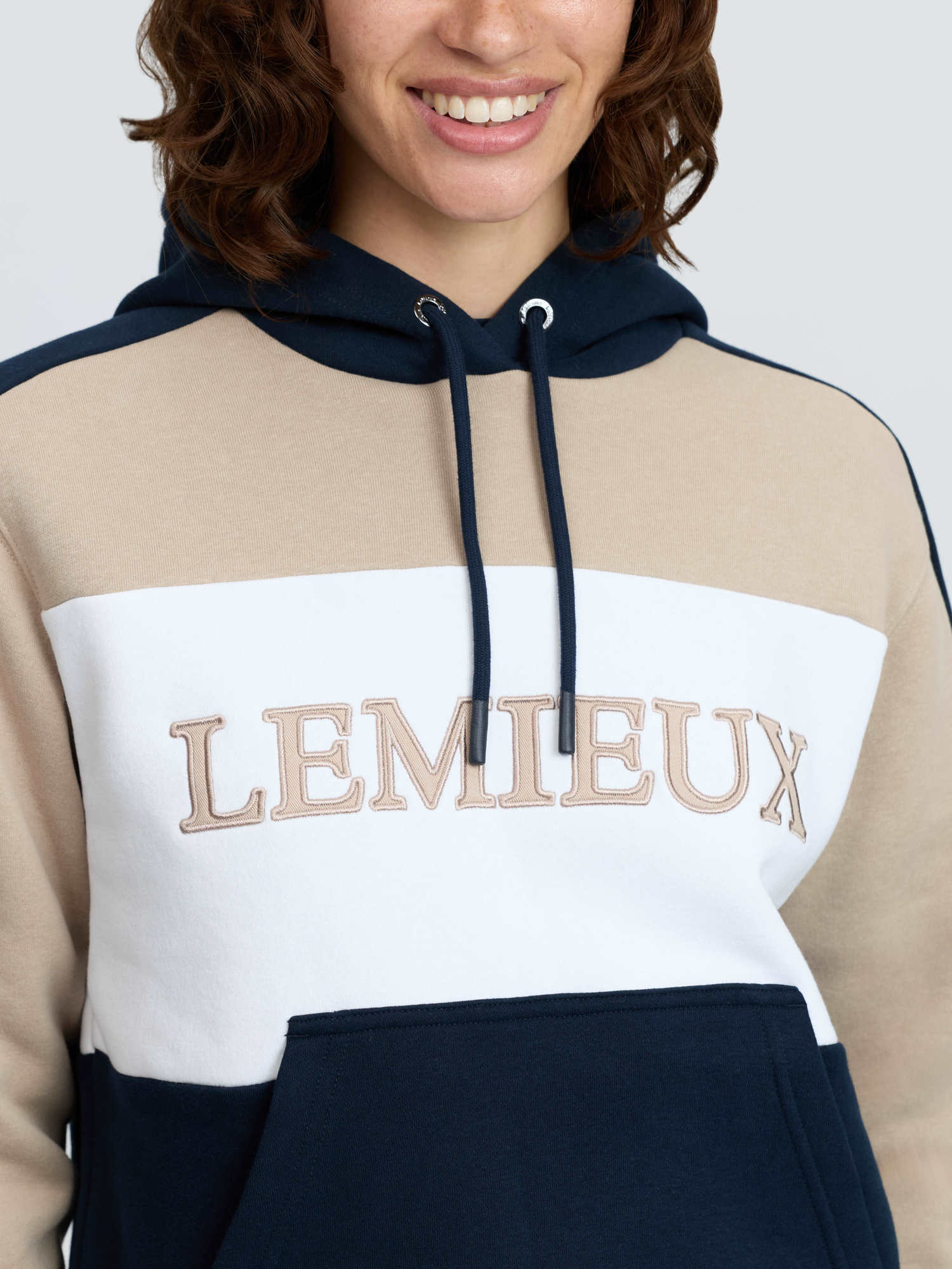LeMieux Kadie Colour Block Hoodie Navy | Embroidered Logo, Beige & White Panels