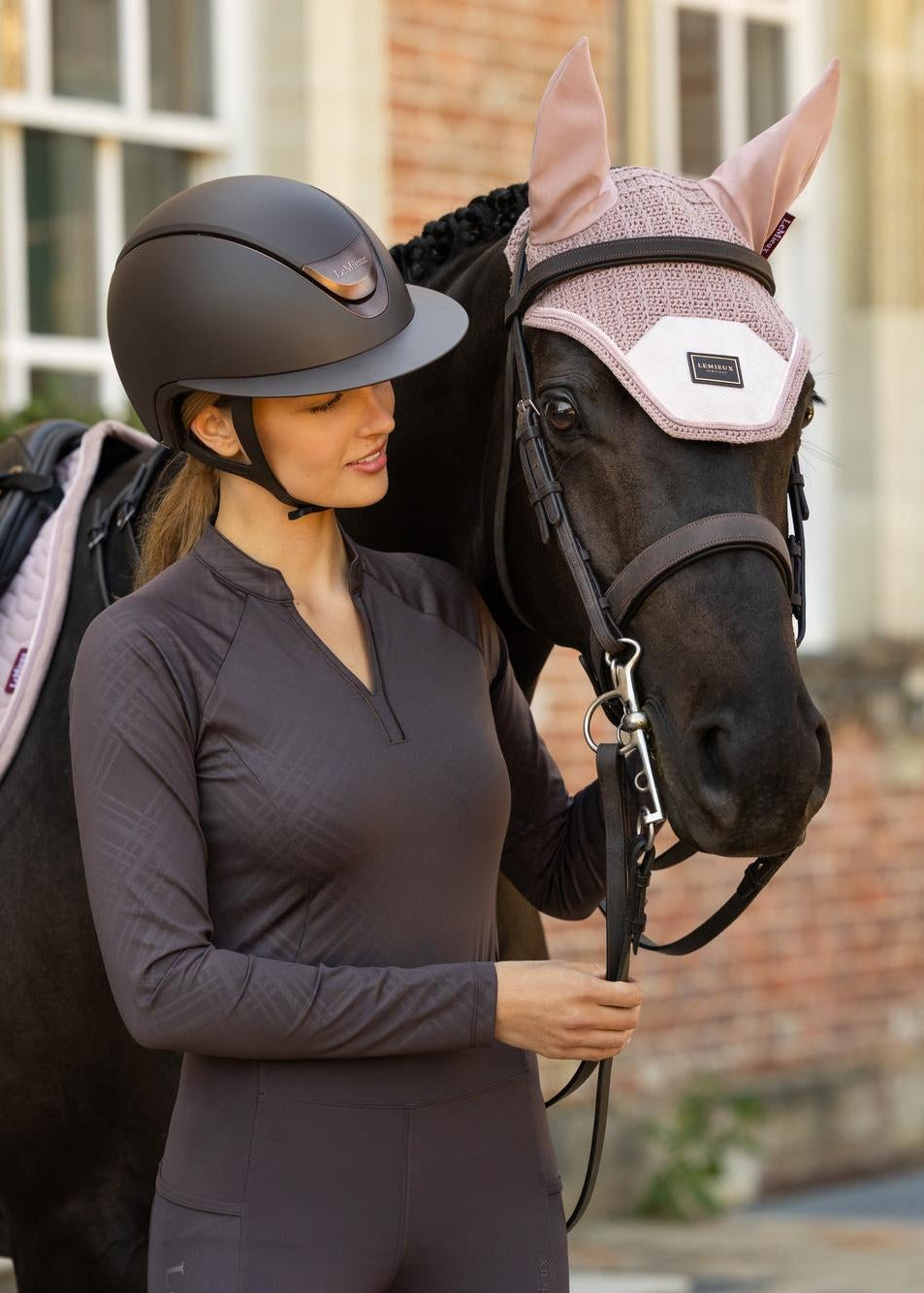 LeMieux Heritage Check Long Sleeve Base Layer Cocoa with woman and horse