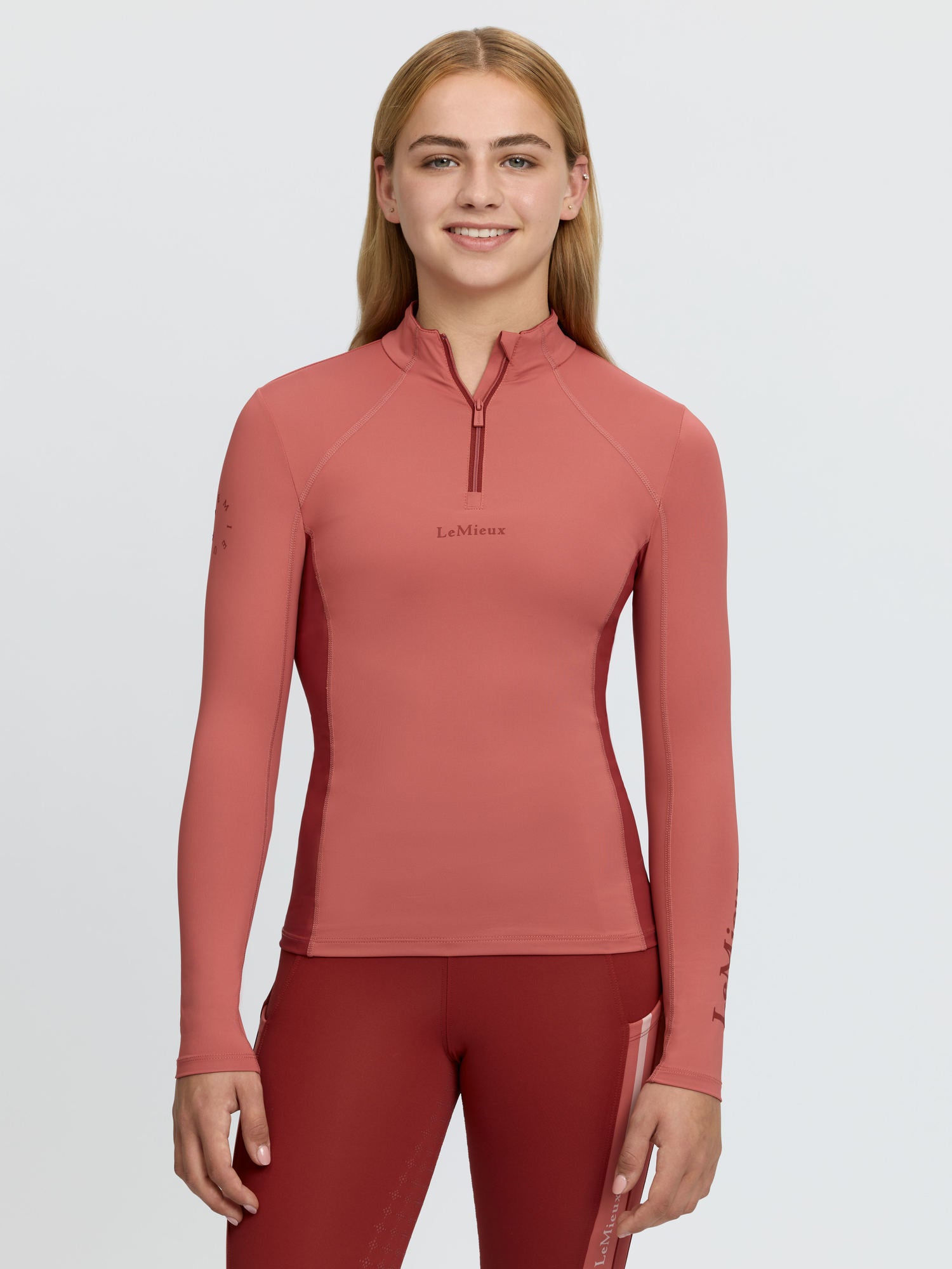 LeMieux young rider spiced earth UPF 50+ long sleeve quarter zip equestrian base layer