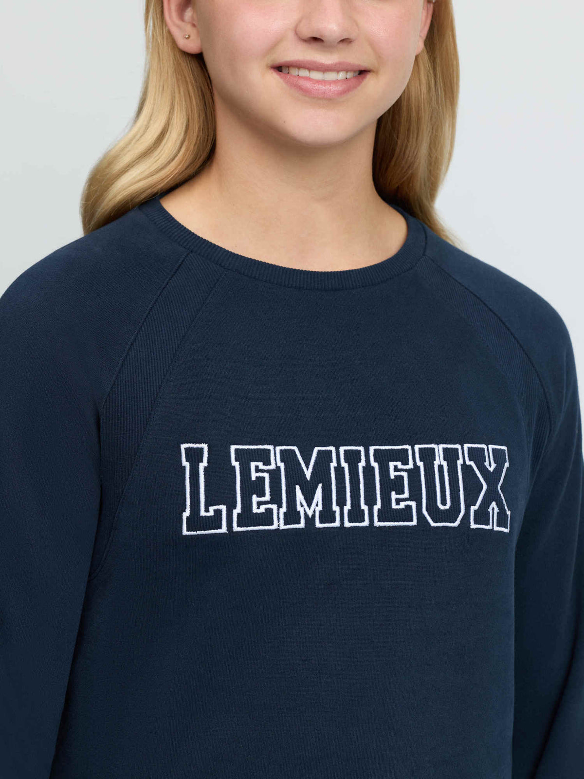 LeMieux Young Rider Shay Varsity Crew Navy sweatshirt for equestrian style.