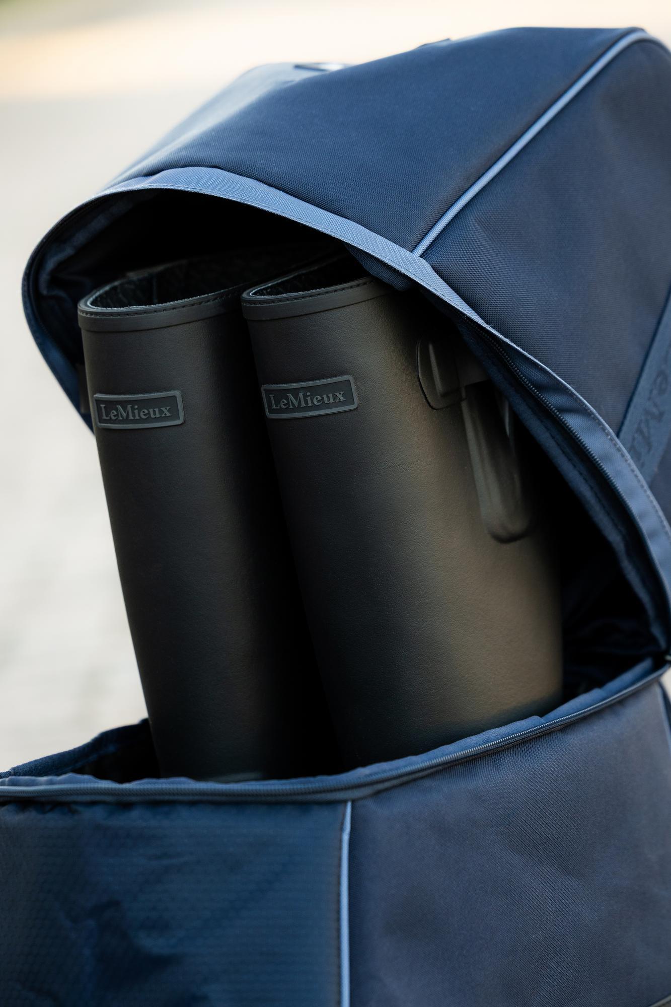 LeMieux navy step-in boot bag with black wellington boots inside