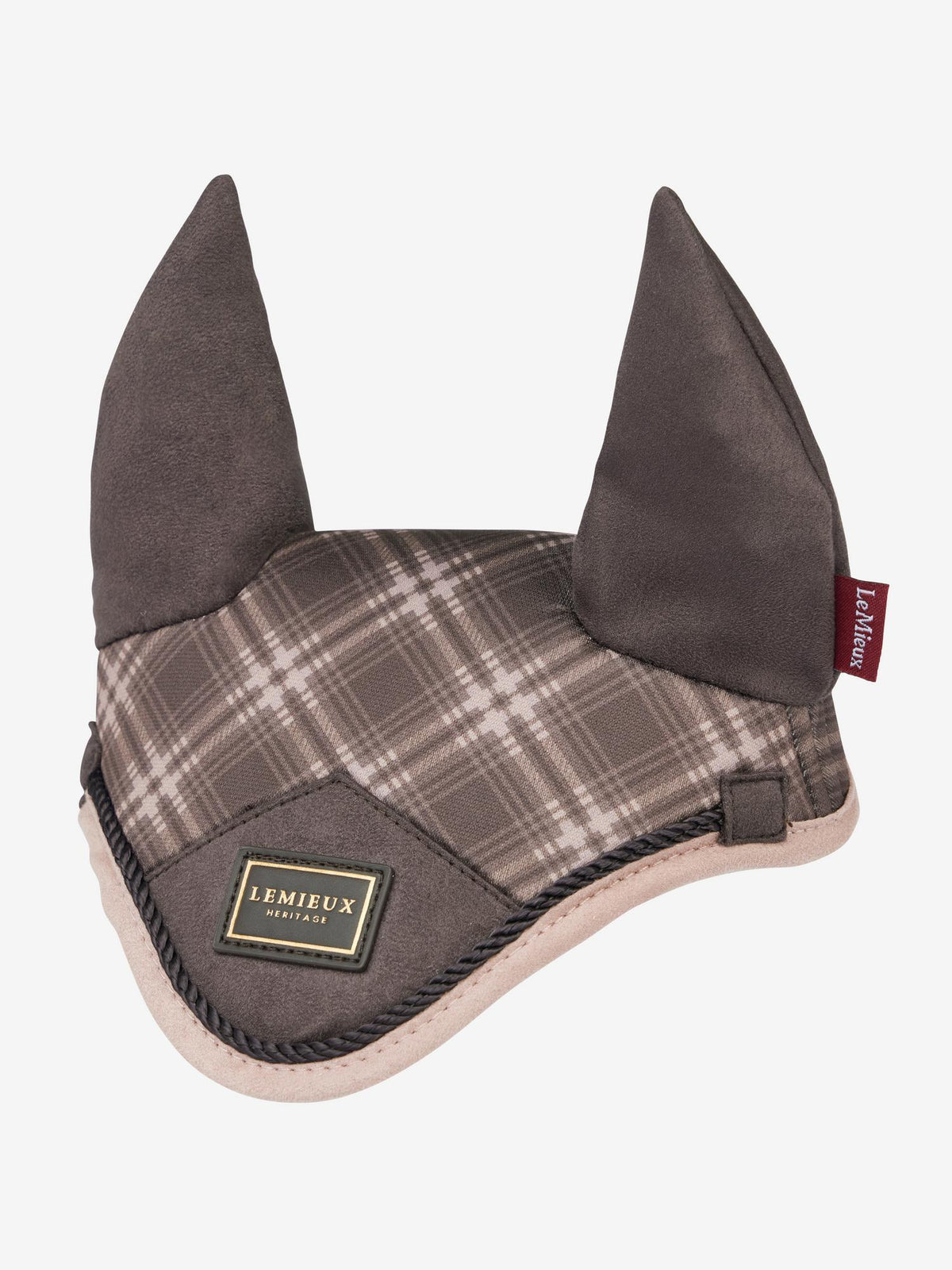 LeMieux Hobby Horse Fly Hood in Heritage Cocoa check print. Stylish equestrian accessory for fly protection.
