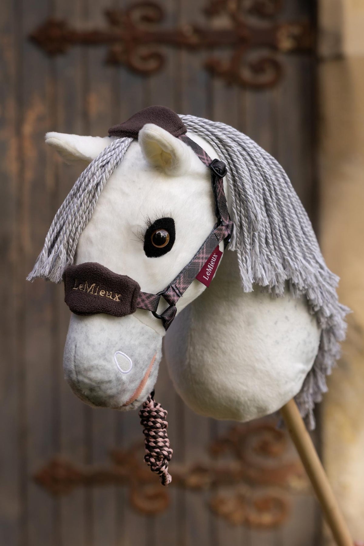 LeMieux hobby horse with heritage check print headcollar and leadrope, detailed view