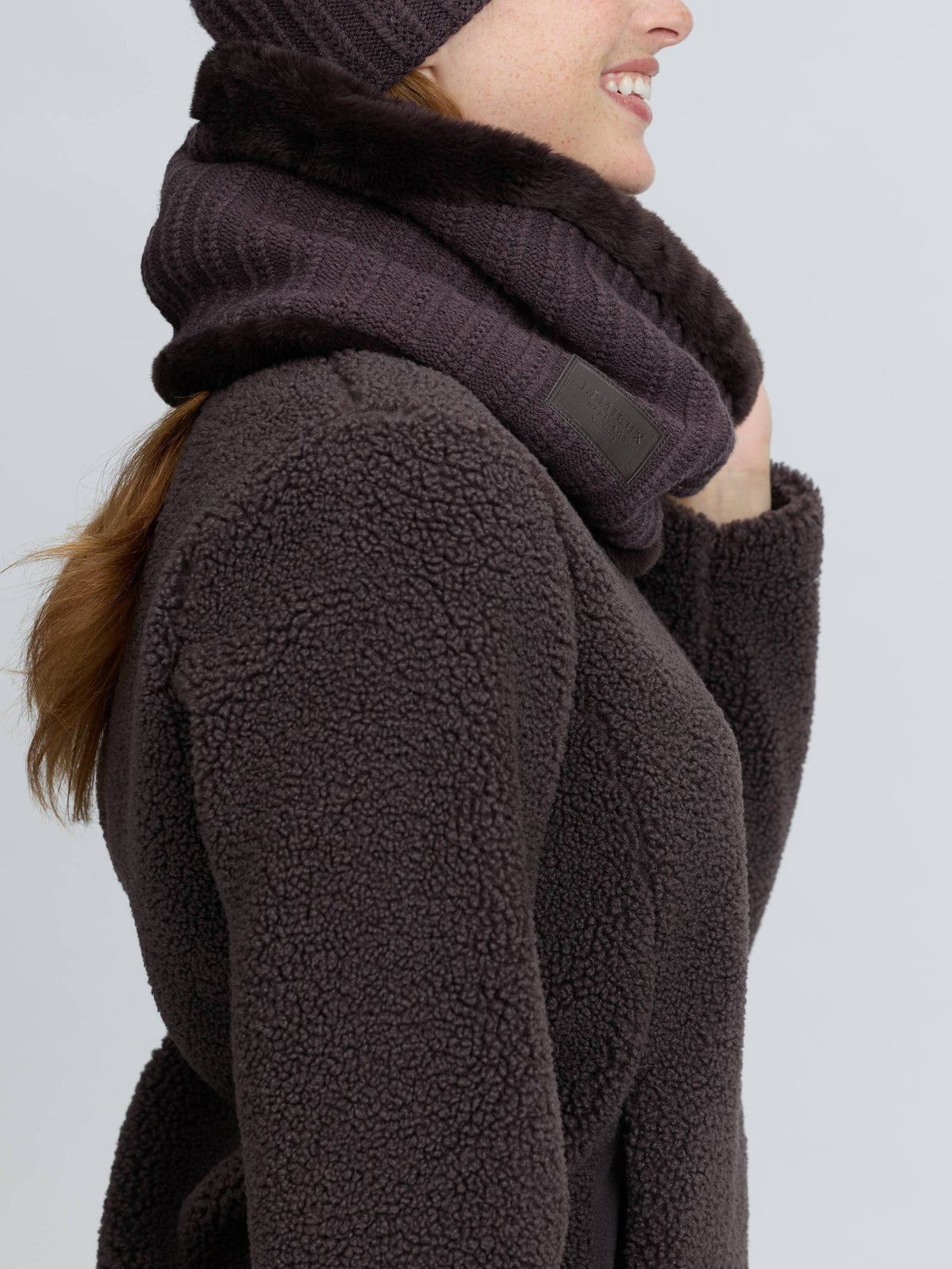 LeMieux Heritage Knitted Snood in Cocoa: cozy knit with fur trim and embossed logo patch.