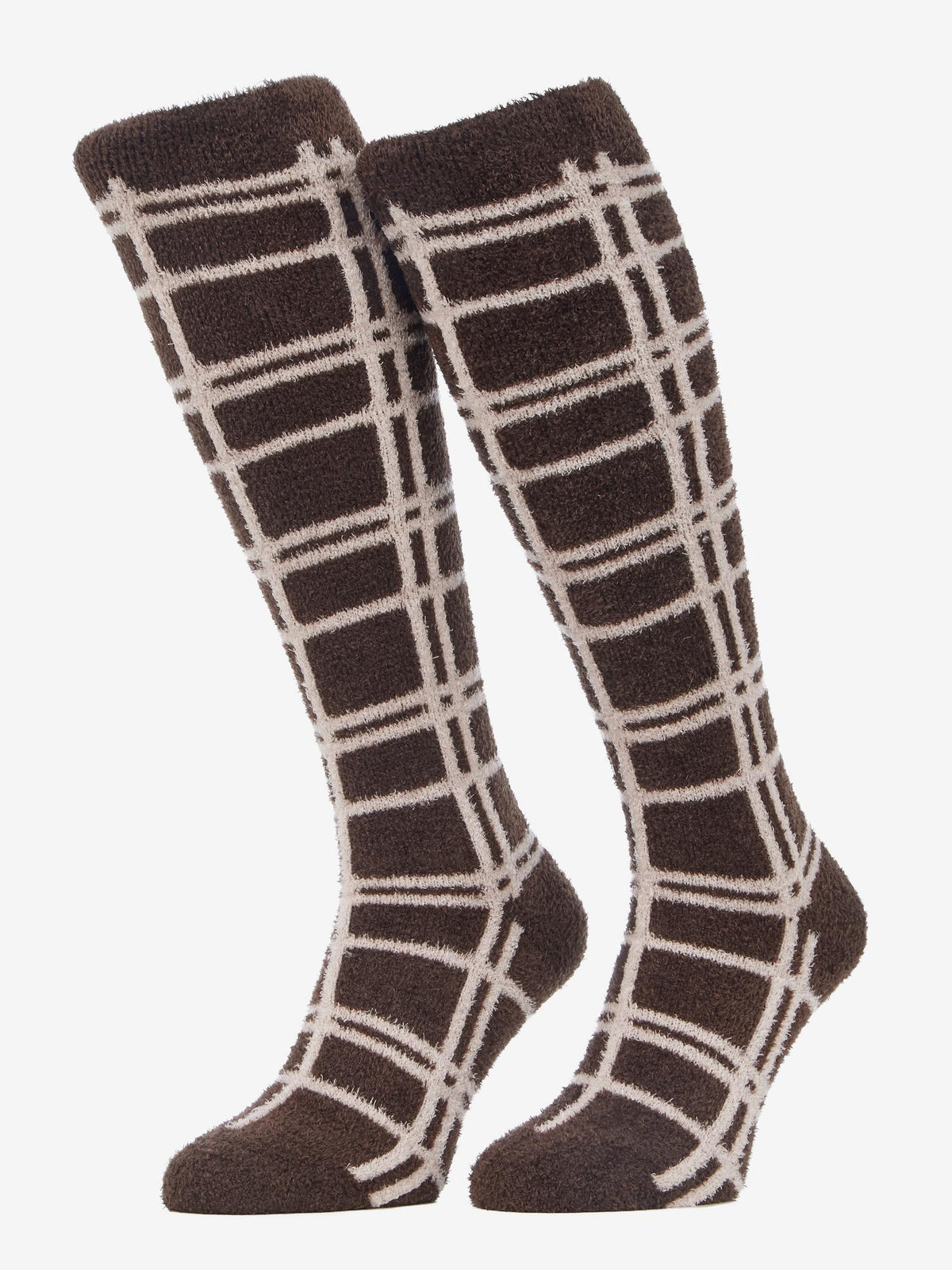 LEMIEUX HERITAGE CHECK FLUFFIES COCOA knee-high socks in brown and white plaid.