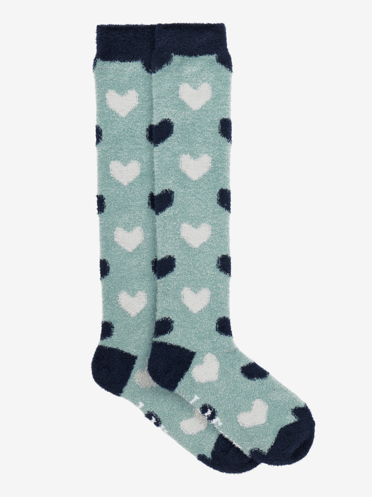 LeMieux Heart Fluffies knee-high fuzzy socks with heart pattern in teal, white, and navy.