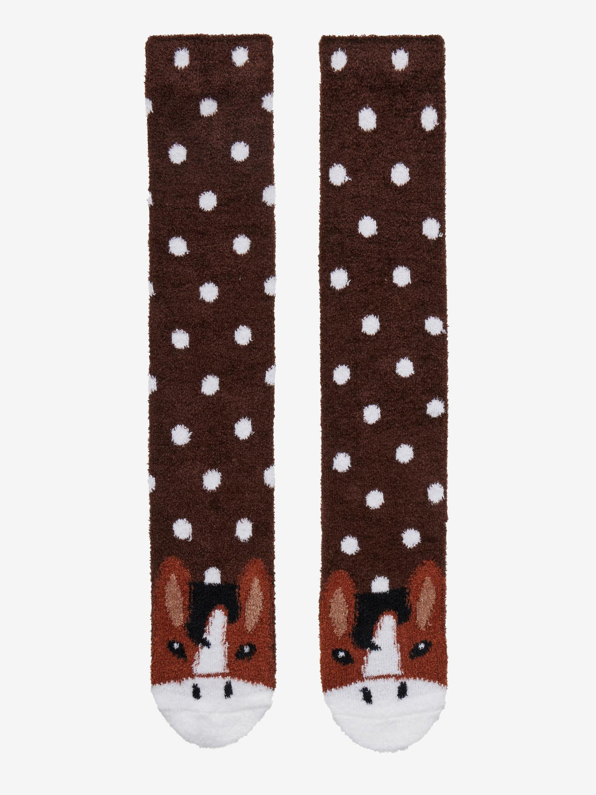 LeMieux Titan fluffy brown horse character socks with white polka dots for kids