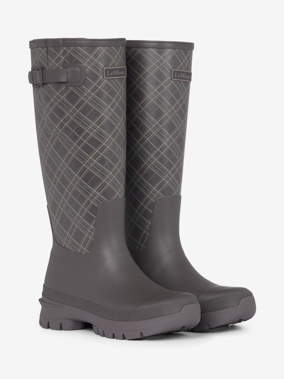 LeMieux grey wellington boots with heritage check print and buckle strap