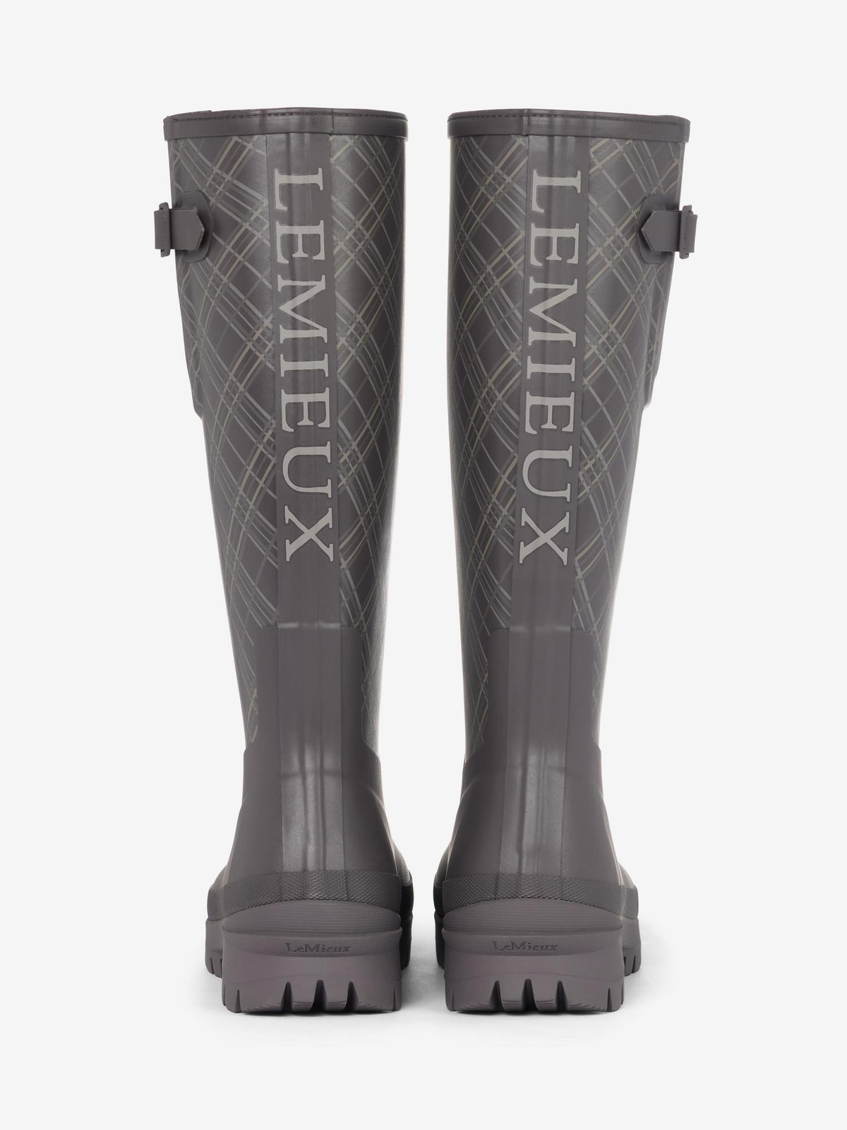 LeMieux Heritage Bramshaw Welly Cocoa boots with check print, featuring a durable rubber outsole and buckle detail.