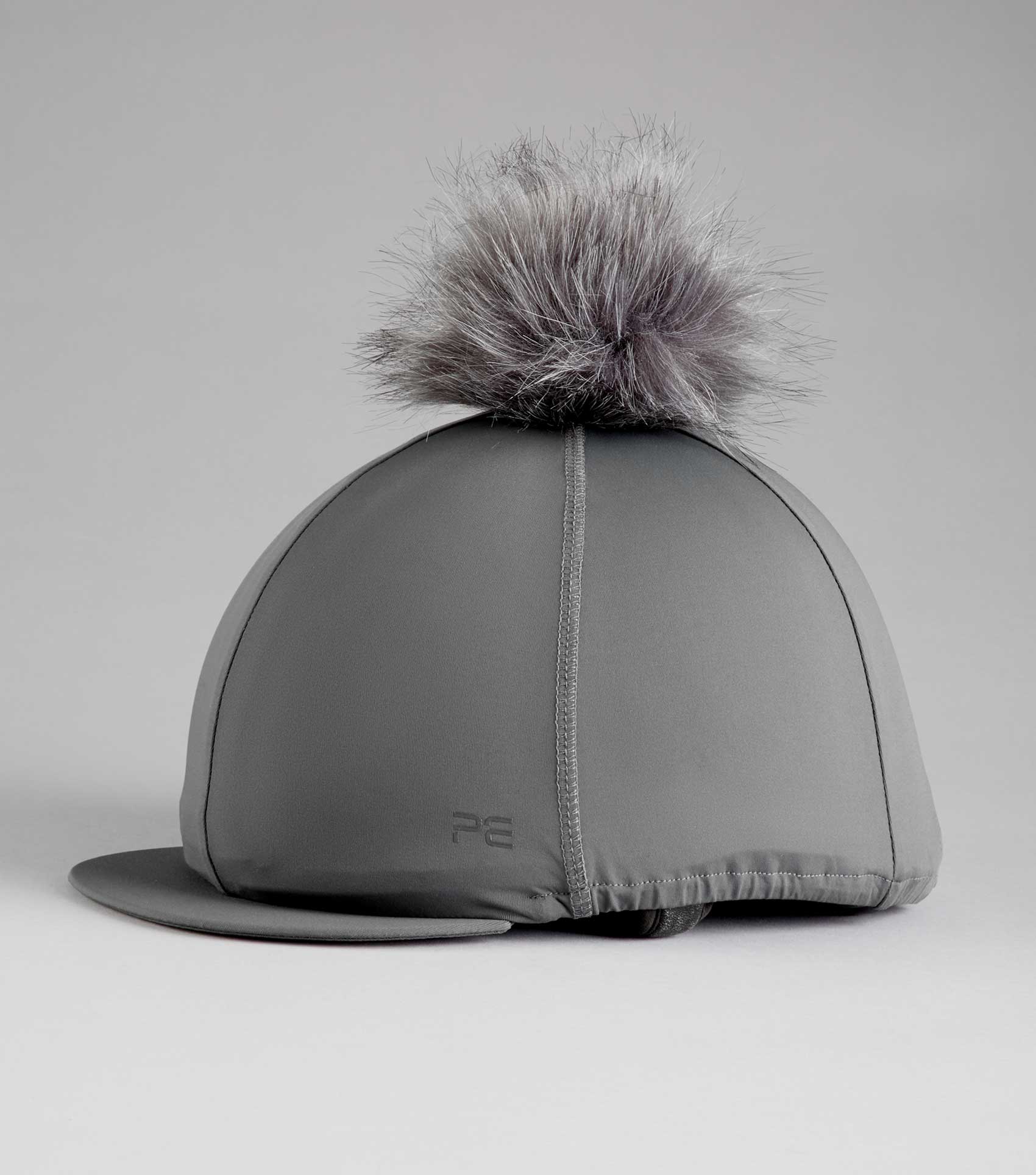PREMIER EQUINE Anthracite Jersey Riding Hat Silk with Faux Fur Pom Pom - Equestrian Style & Safety