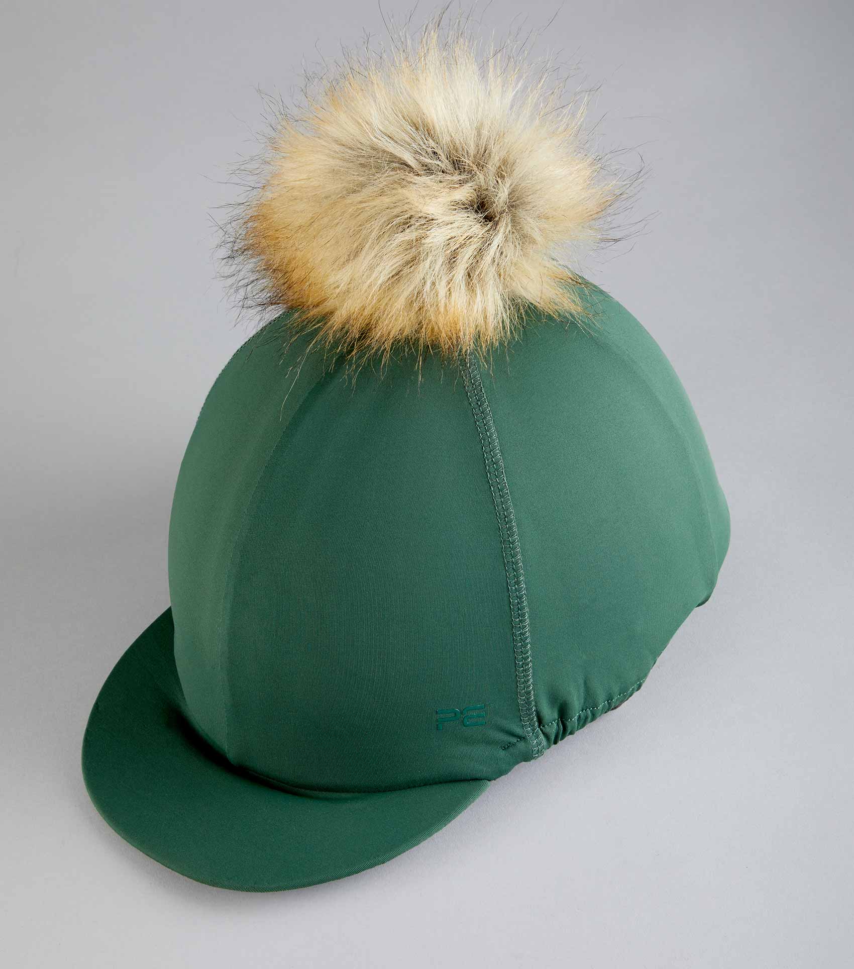 Green Premier Equine Hat Silk with Faux Fur Pom Pom | Equestrian Riding Hat Cover