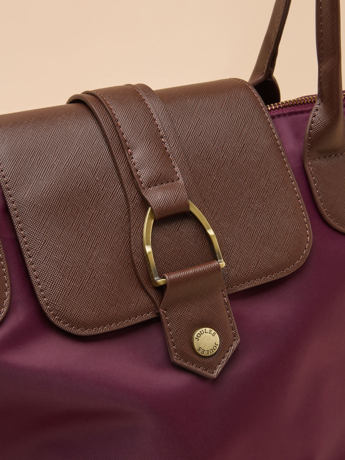 Joules Edie Zip Top Shopper Bag in burgundy with textured faux leather trim and branded hardware