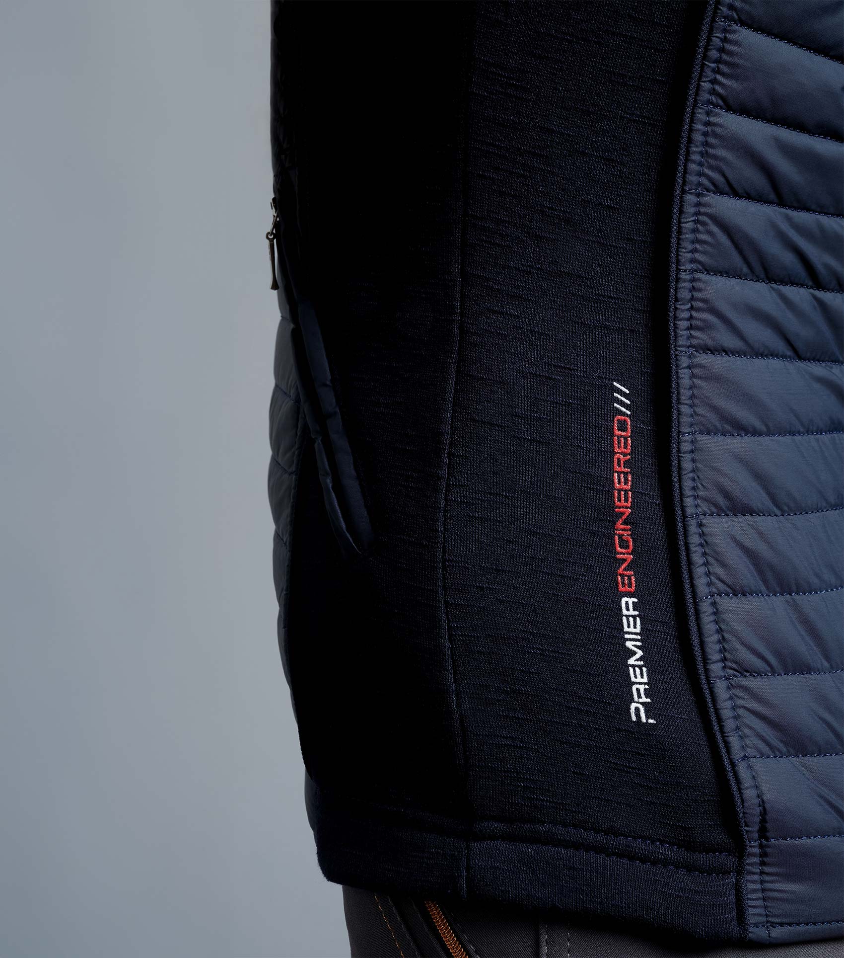 Premier Equine Ladies Hybrid Riding Gilet - Technical Equestrian Apparel, Navy Quilted Jacket "Premier Engineered" Detail