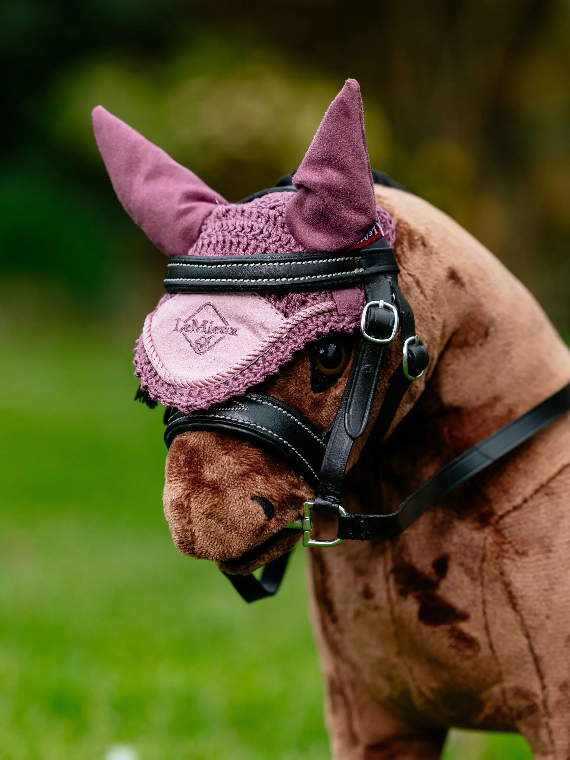 LeMieux toy pony fly hood in pink Mallow color, miniature equestrian accessory with crochet and suede ears.