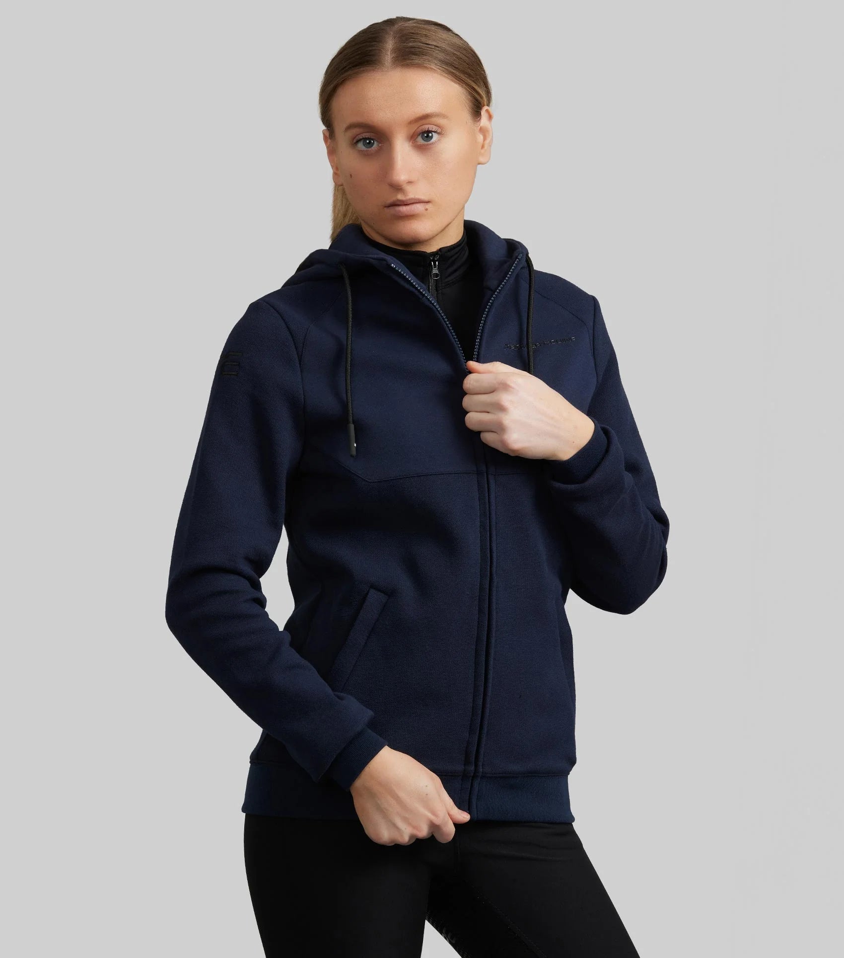Premier Equine Legato French Navy Full-Zip Hoodie. Breathable equestrian sweatshirt from Equiflair.