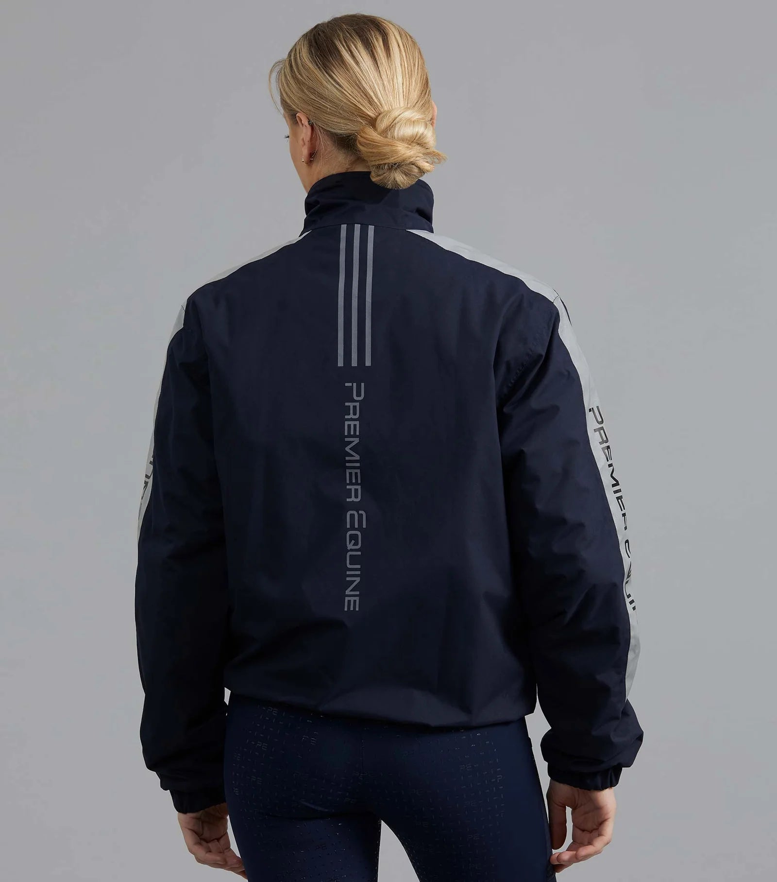 Premier Equine Lumen Reflective Riding Jacket Navy Back View | Waterproof, Unisex, Equestrian Outerwear, High Visibility Clothing
