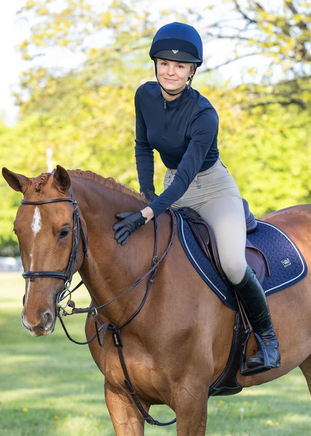 Equestrian: Woman Riding Chestnut Horse with Woof Wear Herringbone Close Contact Saddle Pad Navy