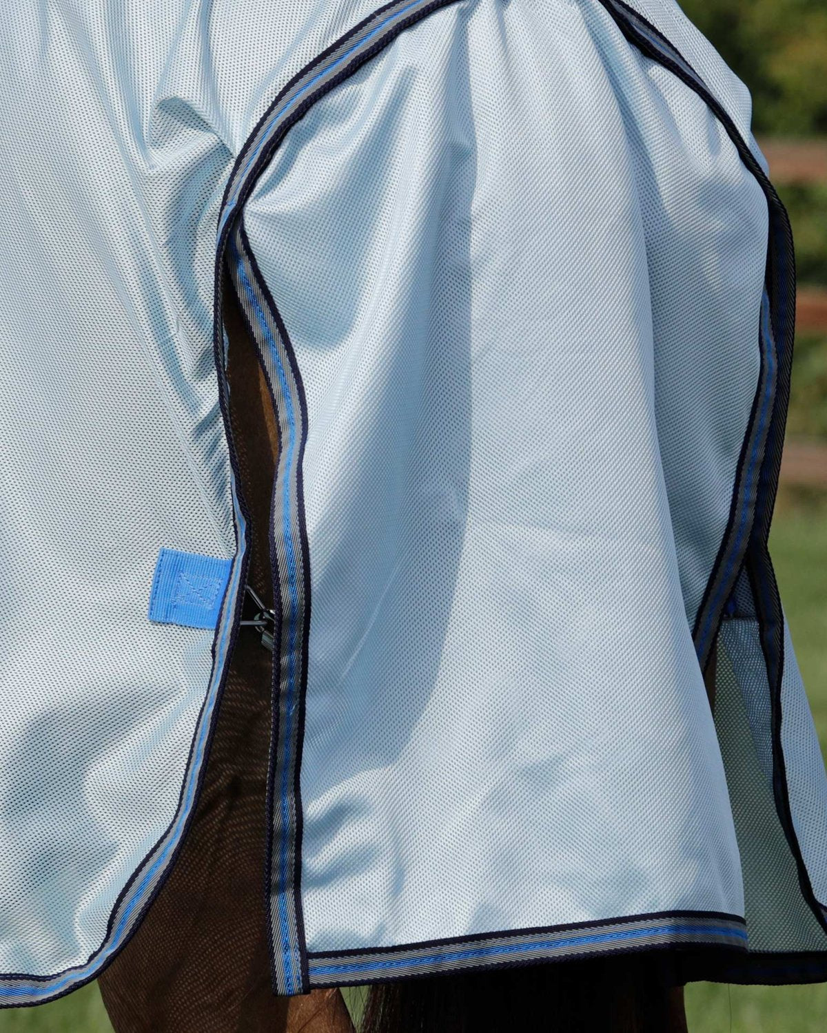 Blue Mesh Horse Fly Rug: Premier Equine breathable fly rug for horses. Insect & UV protection. Lightweight equine summer sheet.