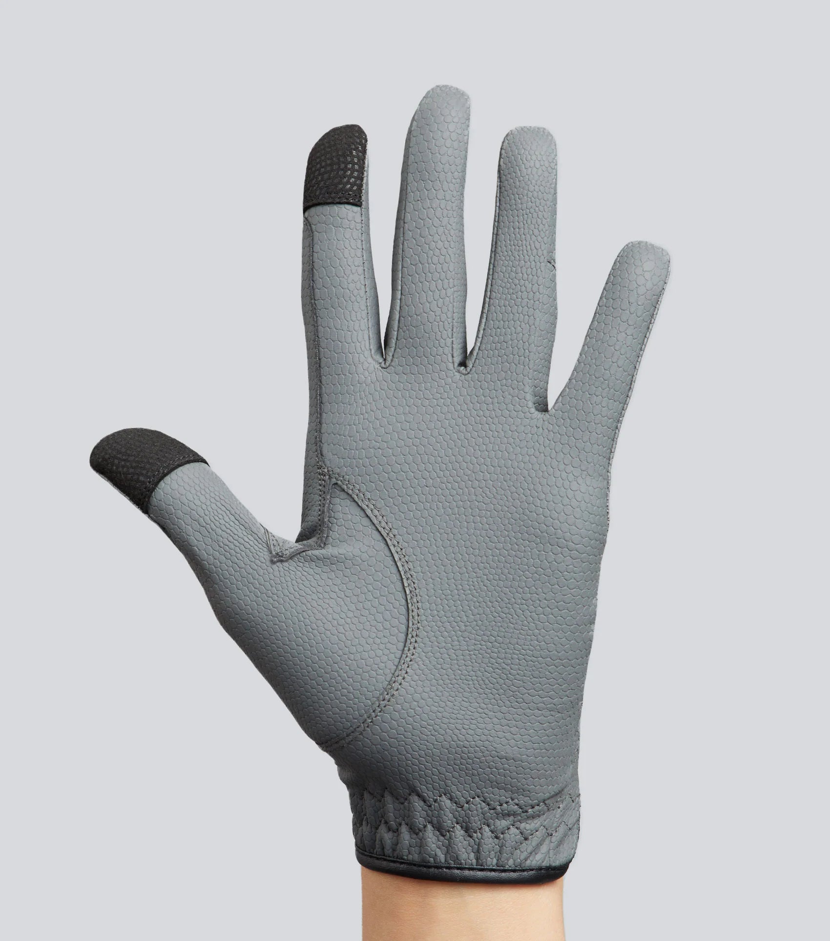 Premier Equine Grey Riding Gloves: Touchscreen Equestrian Gloves with Reptile Texture for Enhanced Grip & Performance.