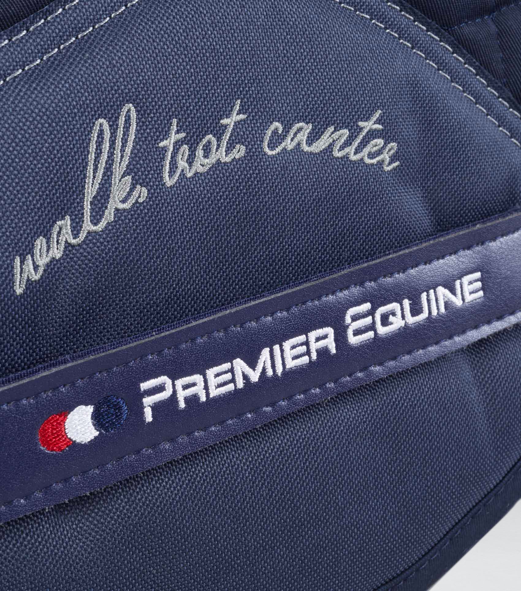 Premier Equine My Pony Jack Navy Saddle Pad: "walk, trot, canter" equestrian detail, close up.