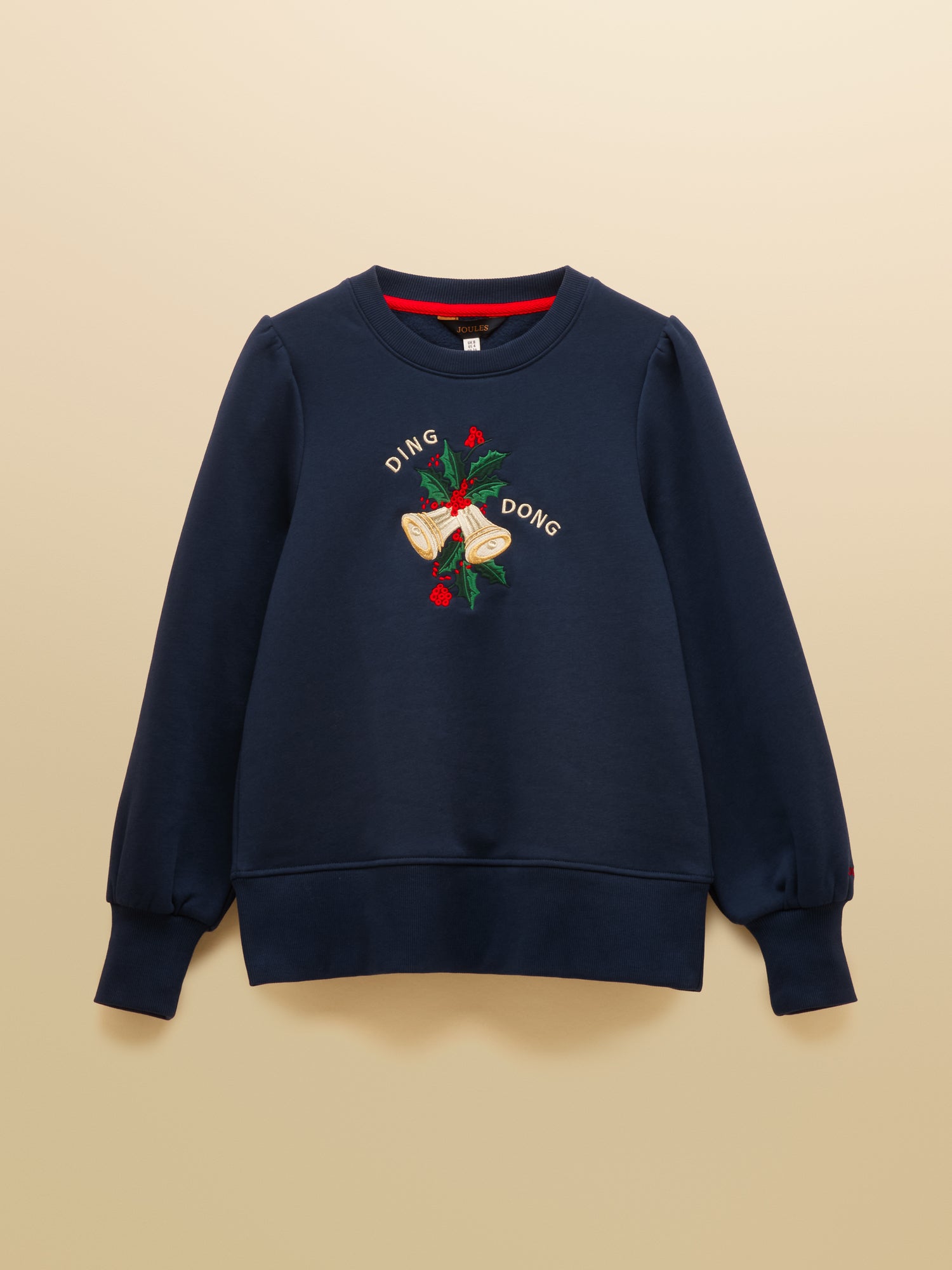 JOULES ROBYN NAVY SWEATSHIRT - Christmas Bells 'Ding Dong' - Crew Neck, Long Sleeve, Machine Washable