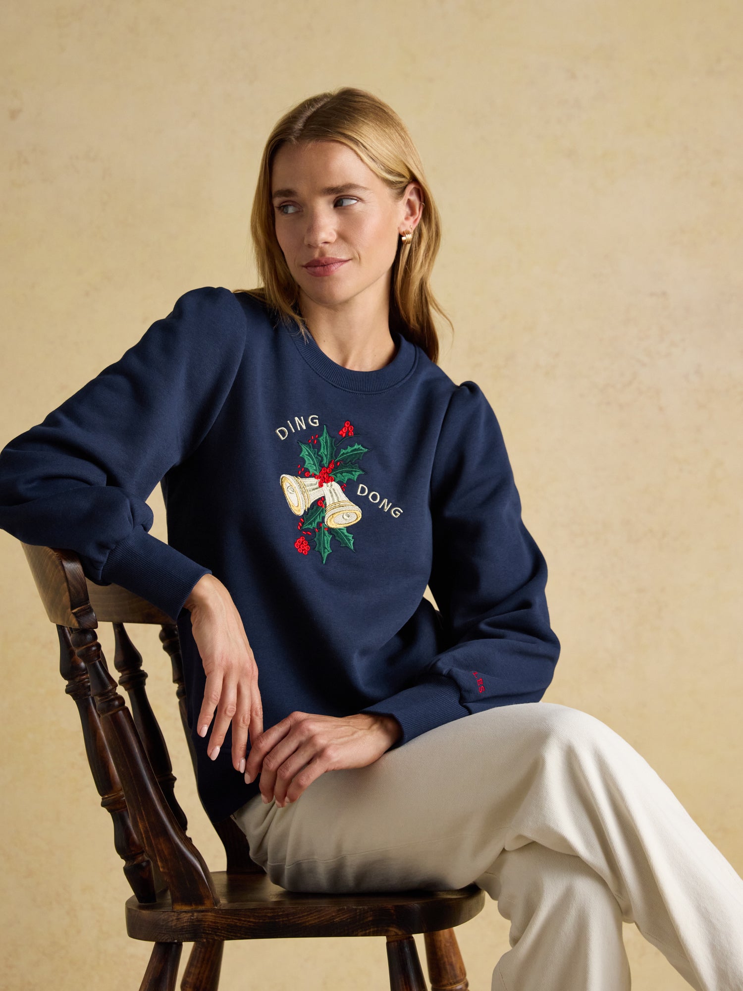 Joules Robyn Navy Christmas Sweatshirt | Woman's Long Sleeve Crew Neck Sweater with Ding Dong Bells from Equiflair
