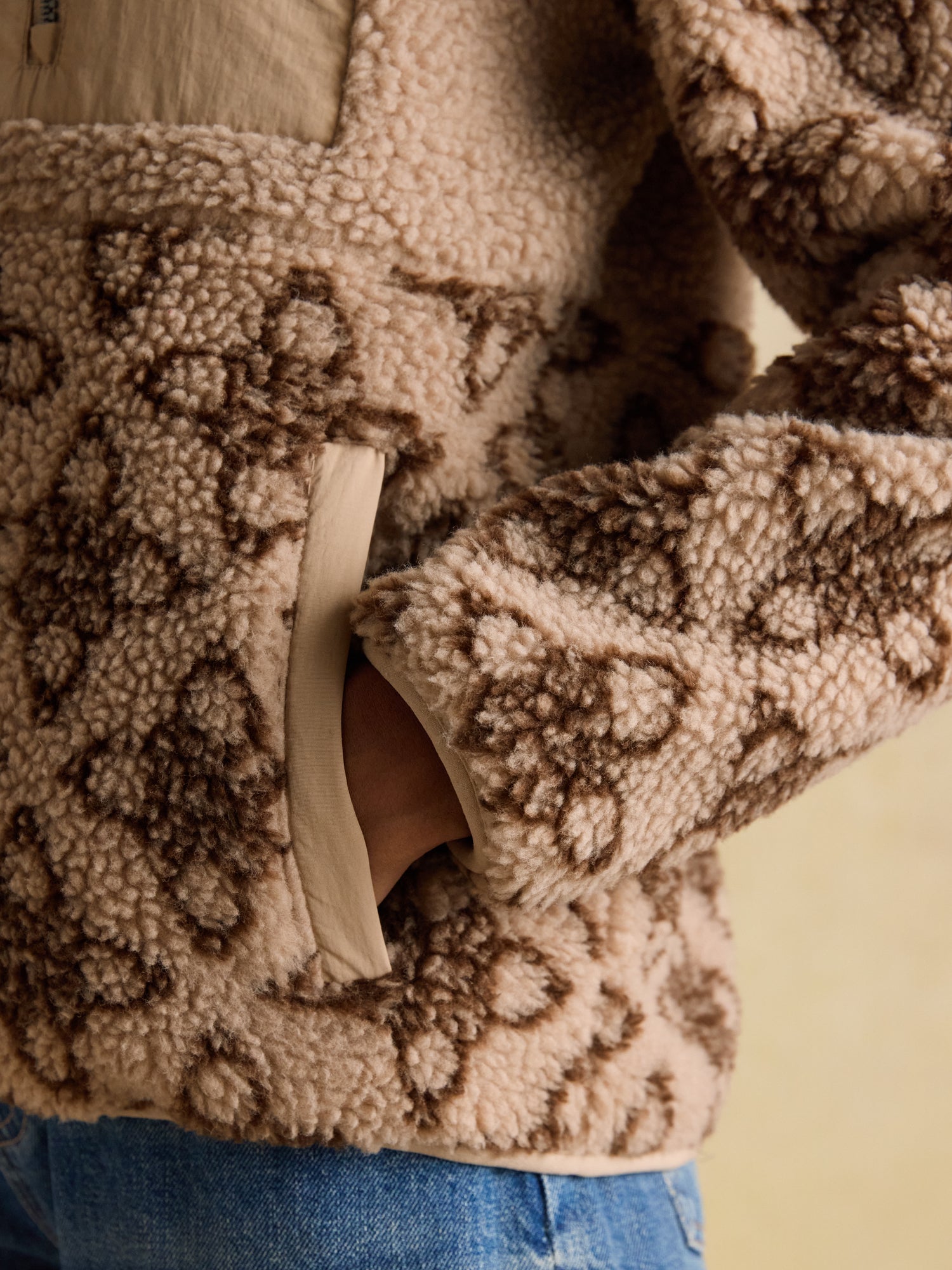 Joules Lottie Neutral Icon Print Borg Fleece Zip Jacket: Cosy women's outerwear with pockets, embroidery & zip fastening.