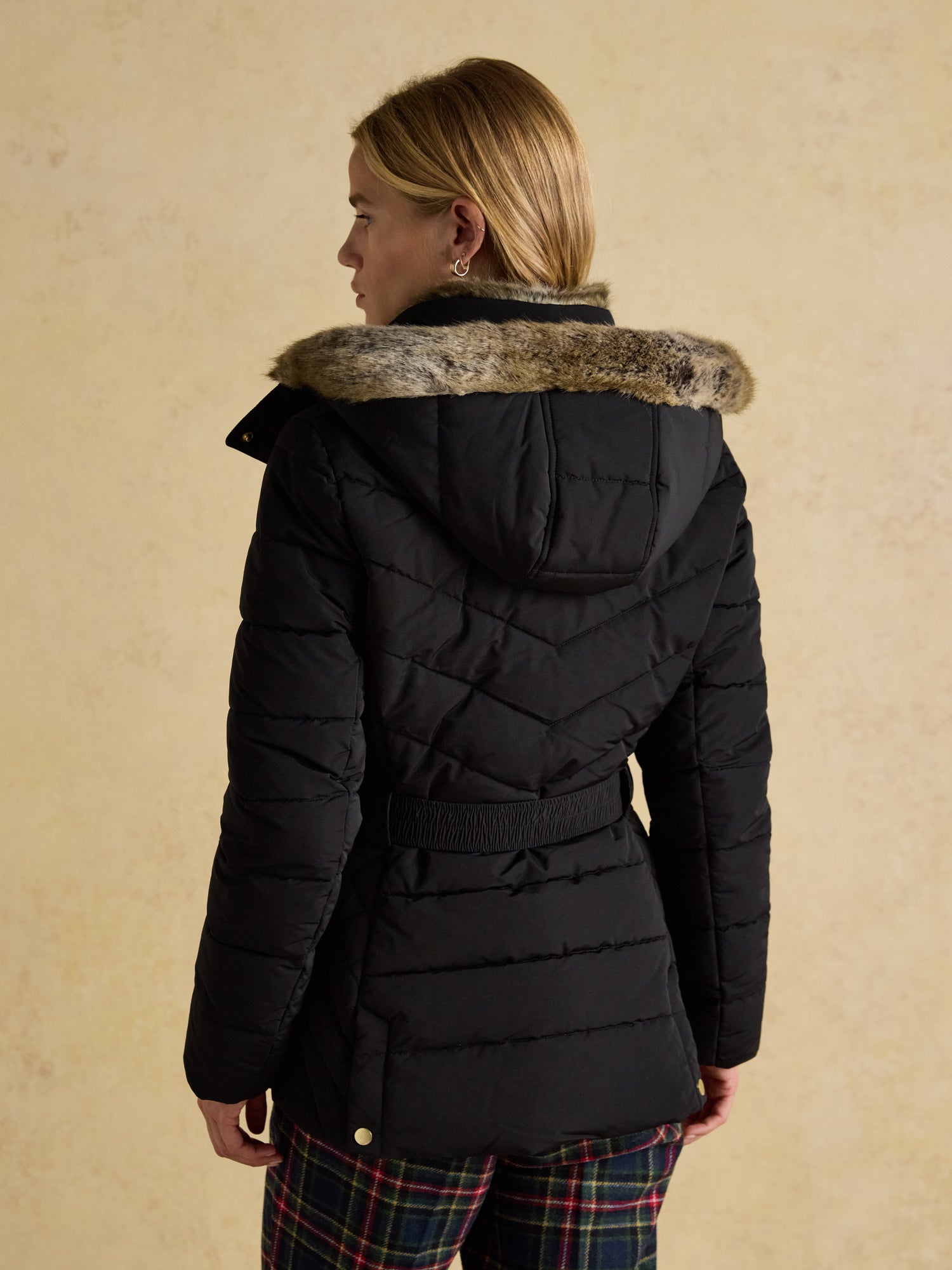 Joules Aspen Black Showerproof Padded Coat with Faux Fur Hood