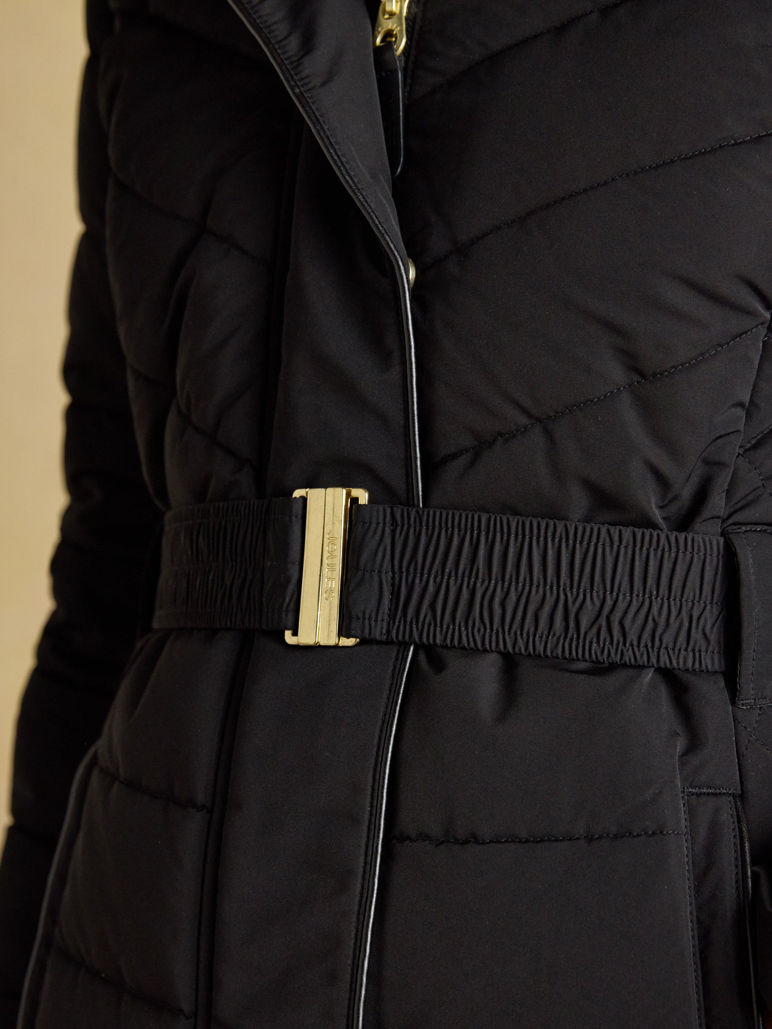 Joules Aspen Black Showerproof Padded Coat with Faux Fur Hood