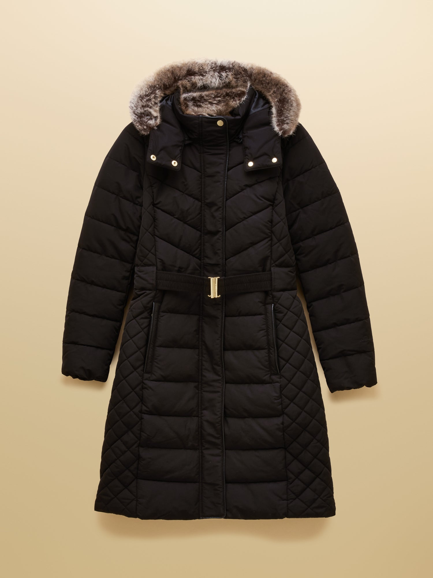 Joules Aspen Long Black Showerproof Padded Coat with Faux Fur Hood
