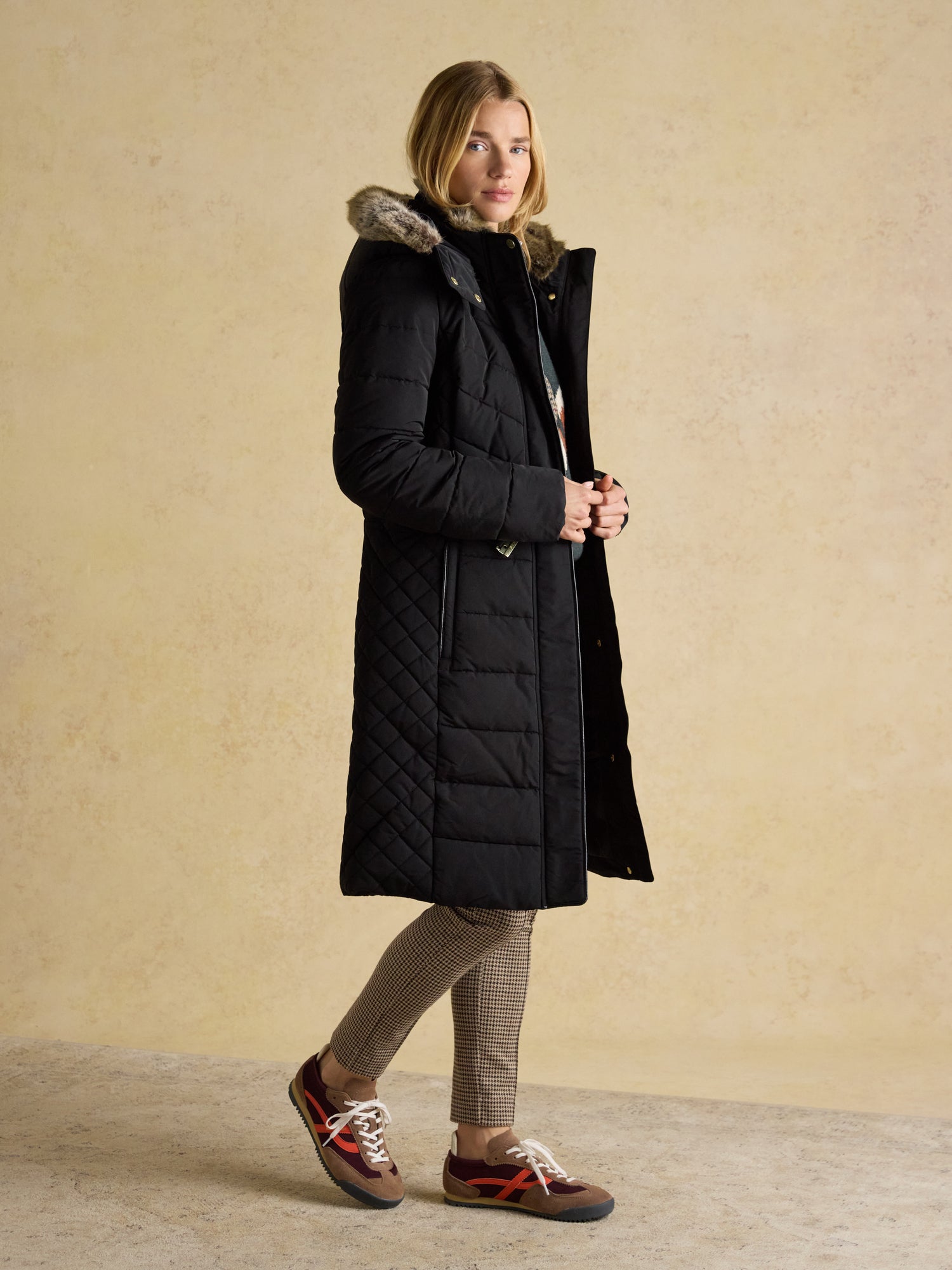 Joules Aspen Long Black Showerproof Padded Coat with Faux Fur Hood