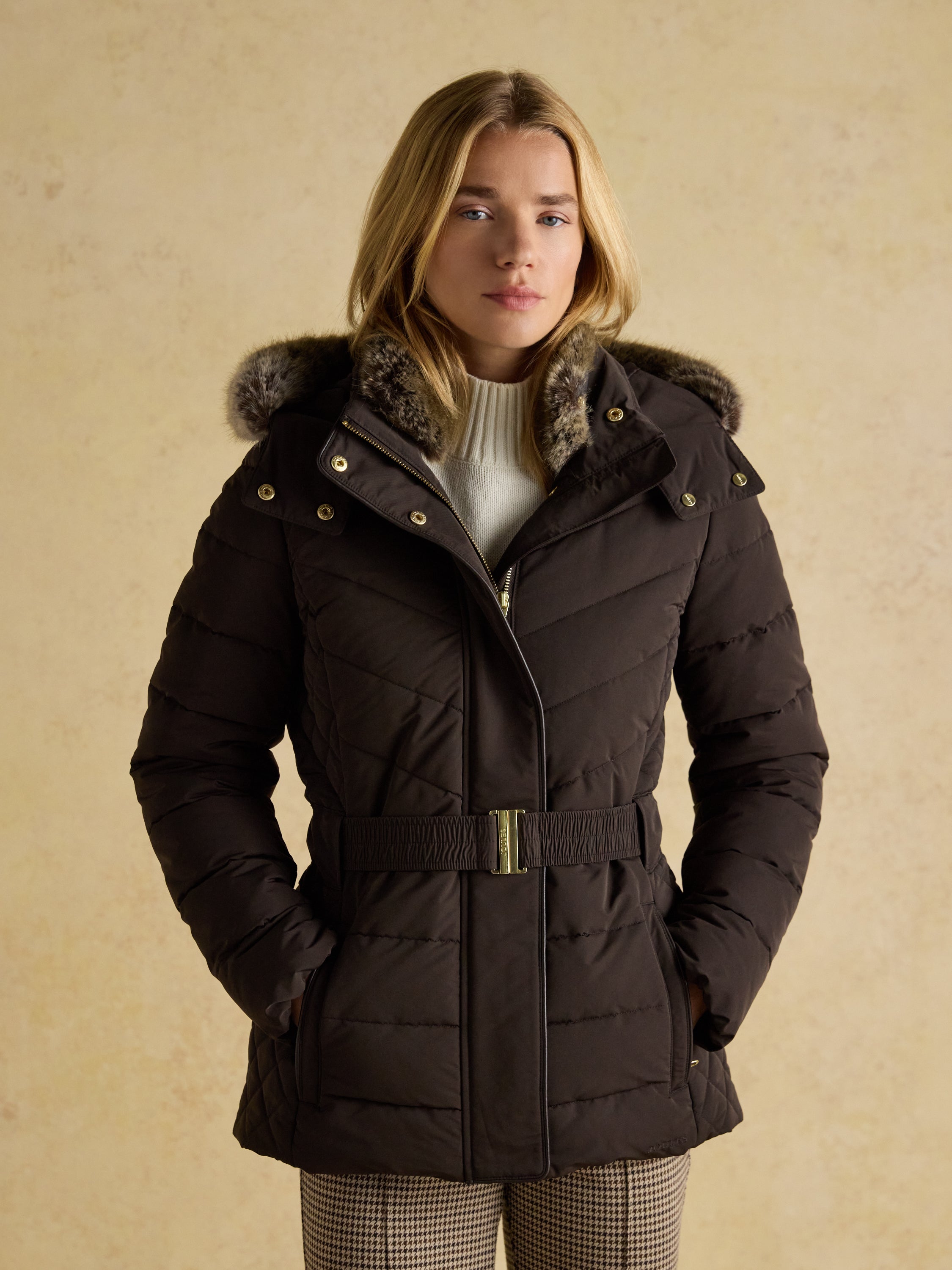 Joules Aspen Brown Showerproof Padded Coat with Faux Fur Hood