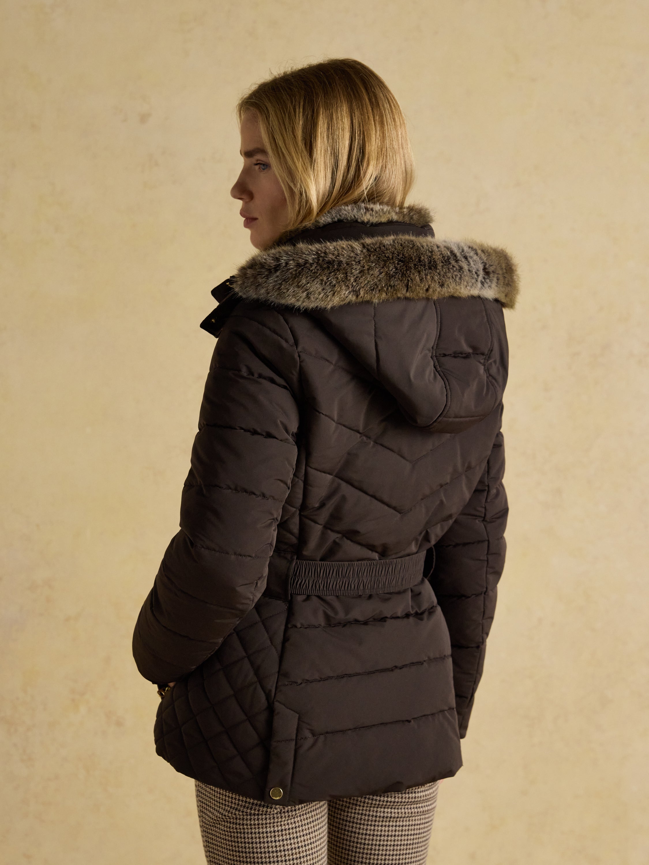 Joules Aspen Brown Showerproof Padded Coat with Faux Fur Hood