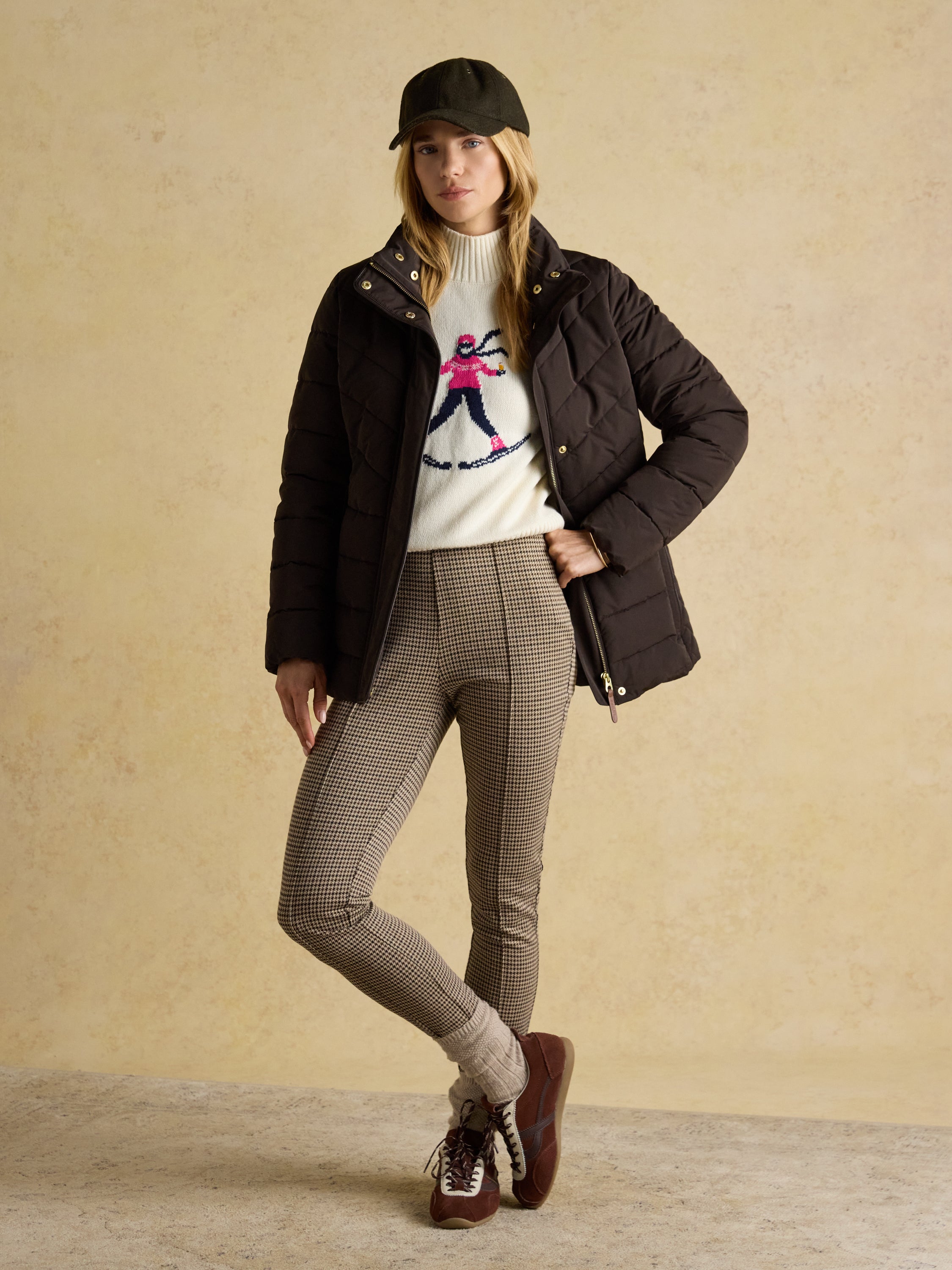Joules Aspen Brown Showerproof Padded Coat with Faux Fur Hood