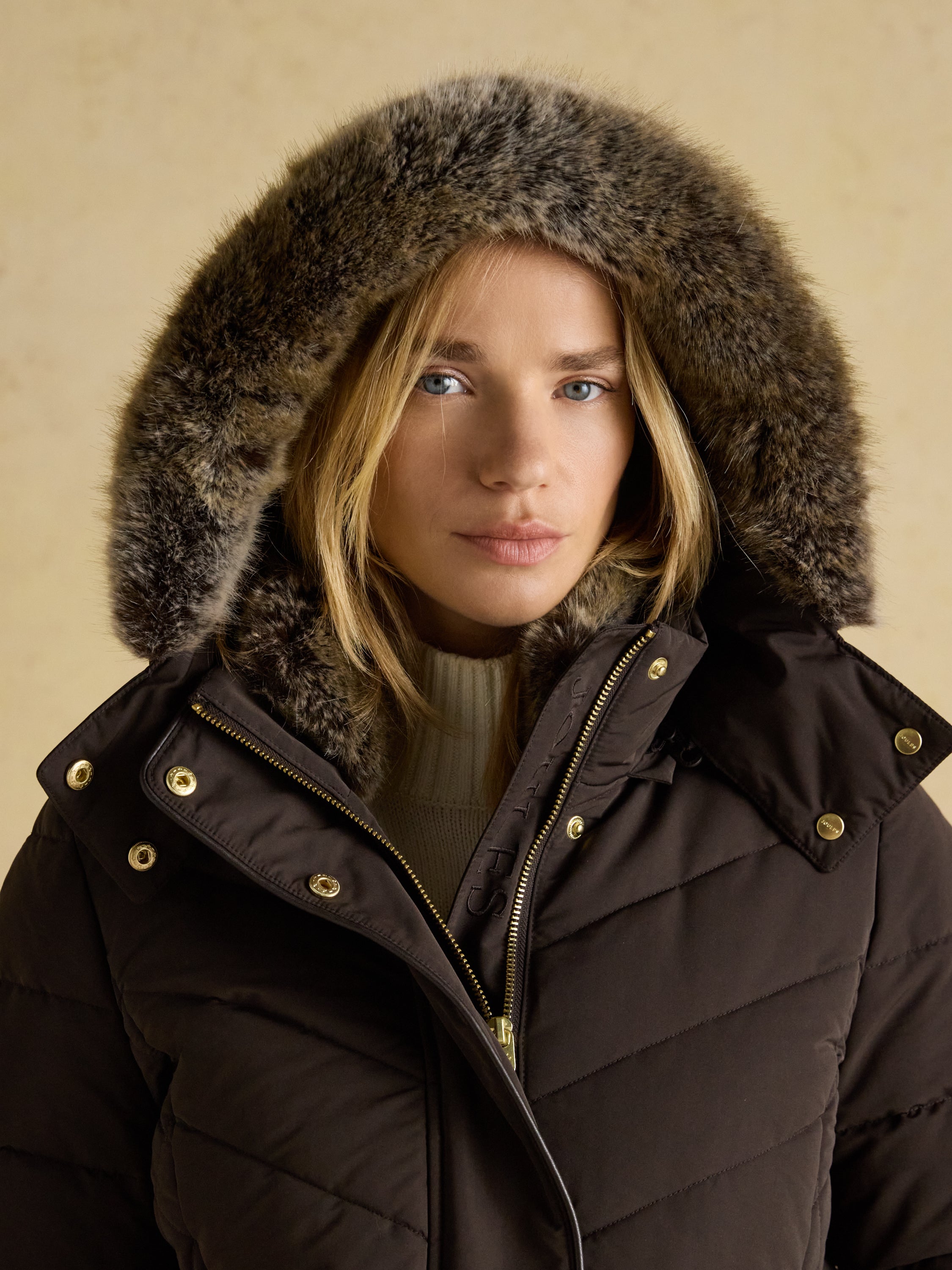 Joules Aspen Brown Showerproof Padded Coat with Faux Fur Hood